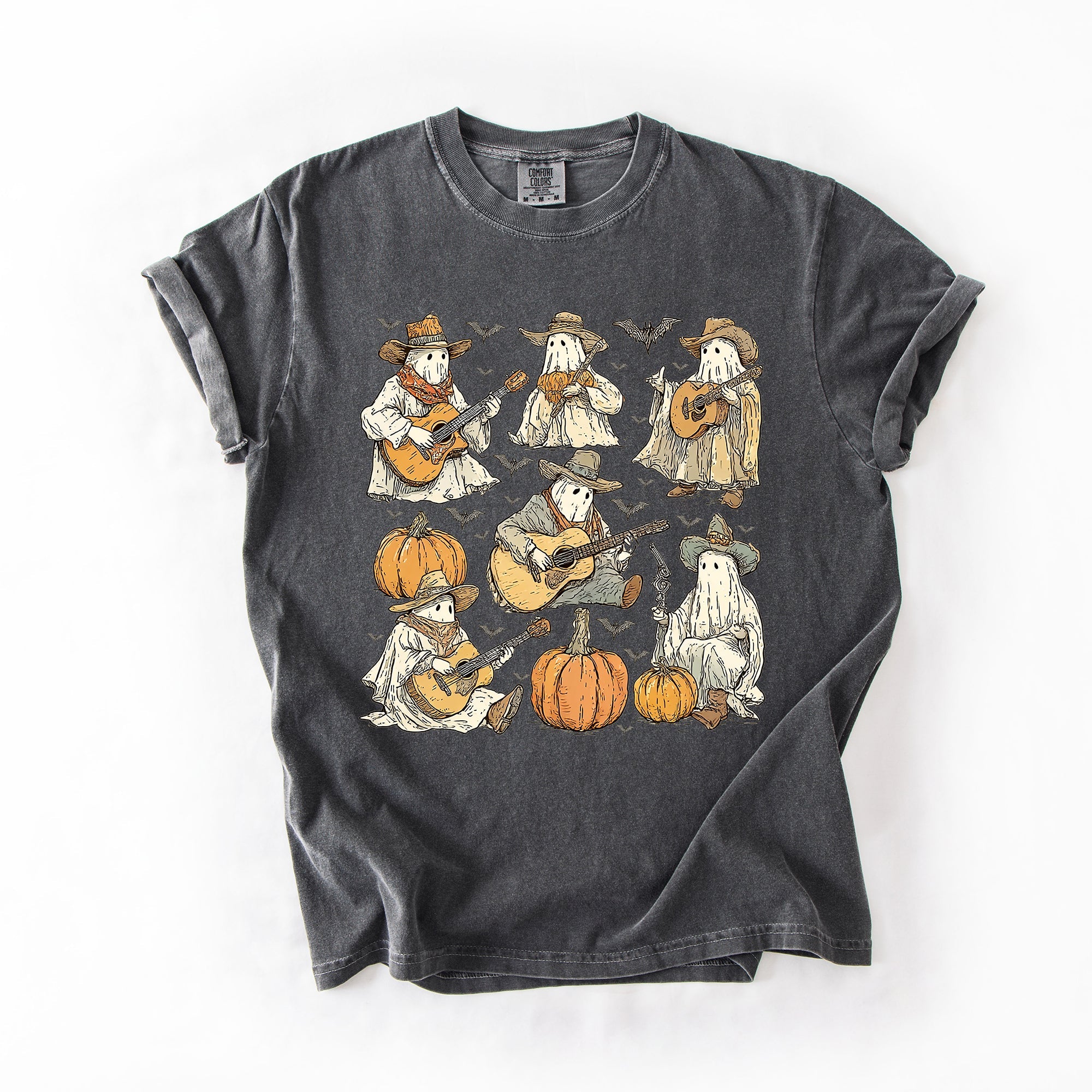 Ghost Cowboys Halloween Bats Spooky Western Outlaws Under Moonlit Sky With Whimsical Ghost Town Charm Comfort Colors Tee