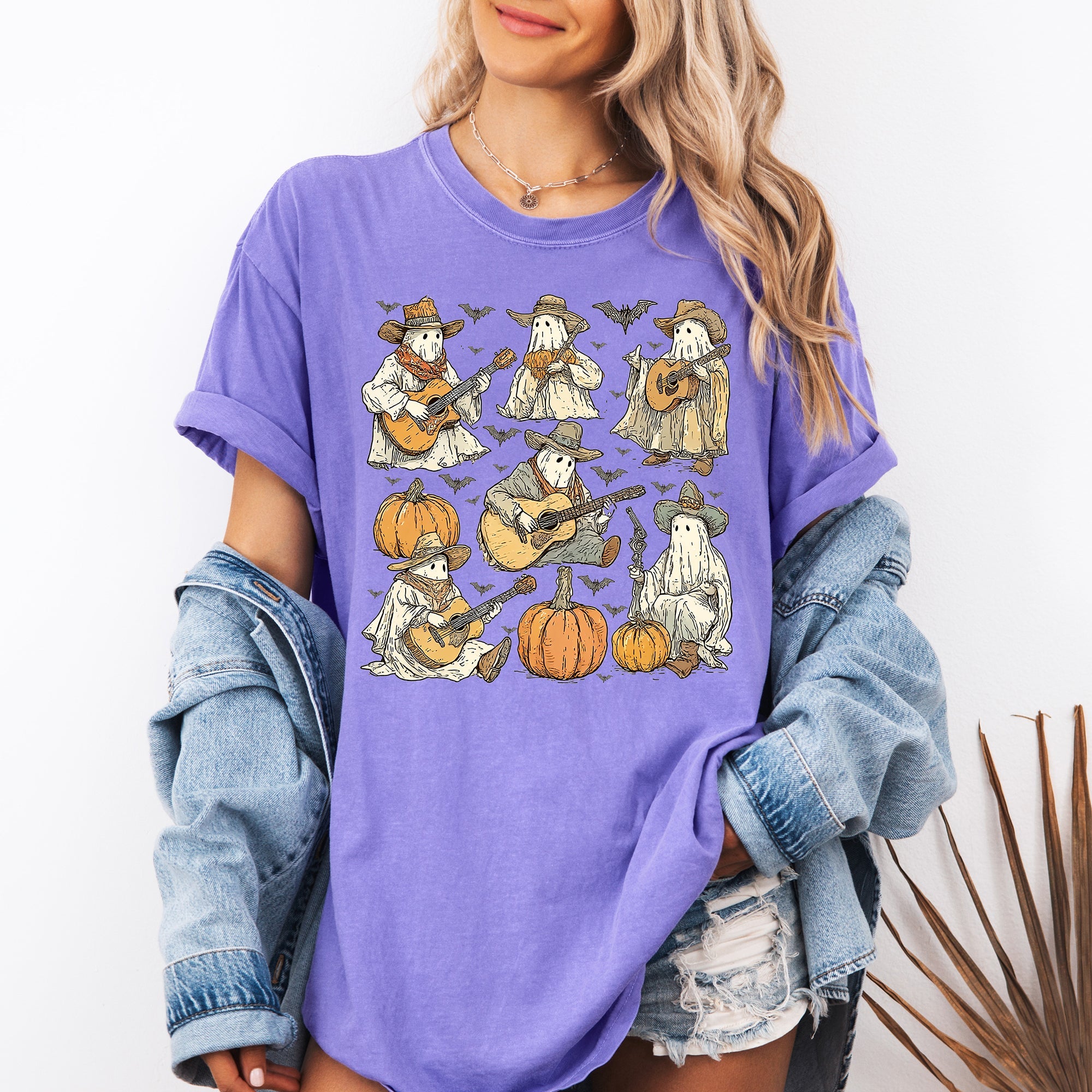 Ghost Cowboys Halloween Bats Spooky Western Outlaws Under Moonlit Sky With Whimsical Ghost Town Charm Comfort Colors Tee