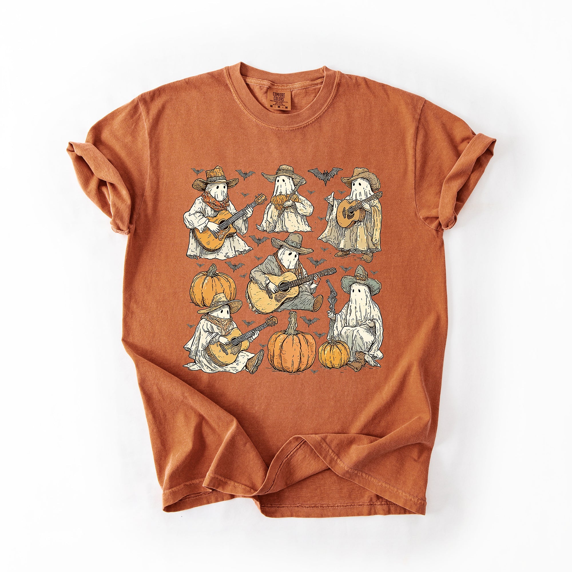 Ghost Cowboys Halloween Bats Spooky Western Outlaws Under Moonlit Sky With Whimsical Ghost Town Charm Comfort Colors Tee