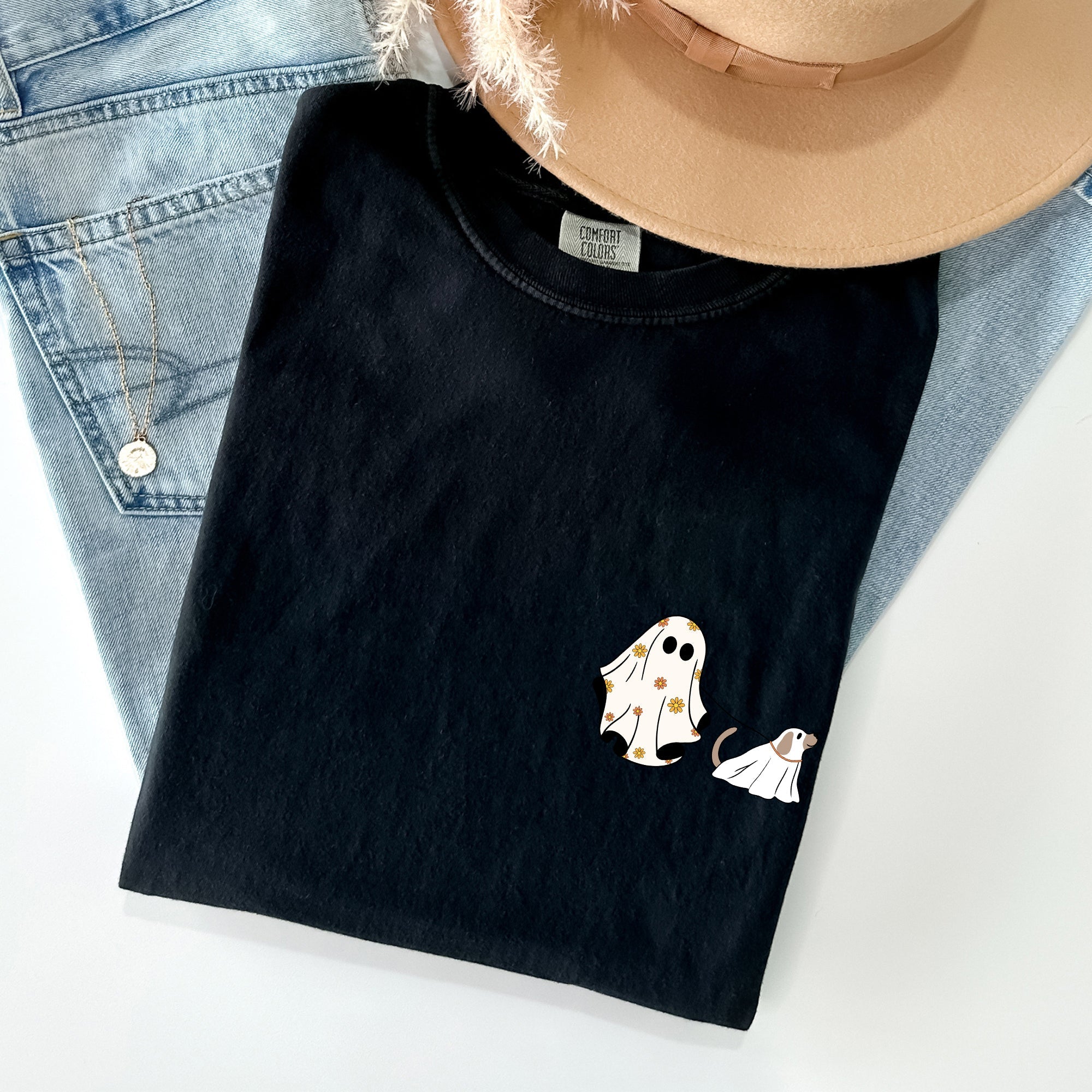 Ghost Walking Dog Pocket Print Animal Lover Halloween Classic Comfort Colors Tee