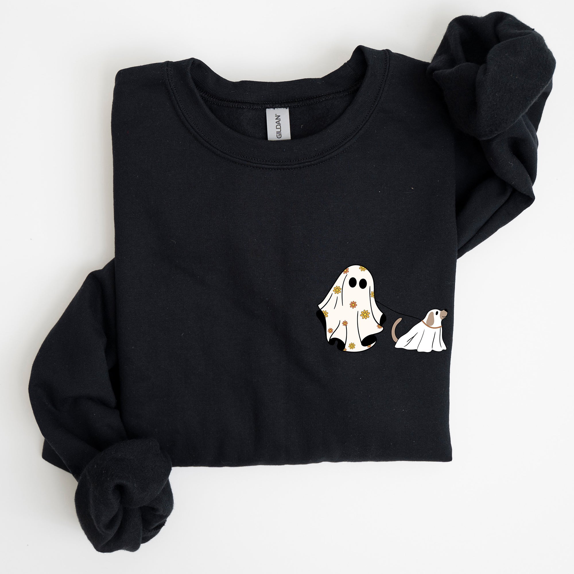Ghost Walking Dog Pocket Print Halloween Animal Lover Cozy Warm Vintage Vibe Sweatshirt