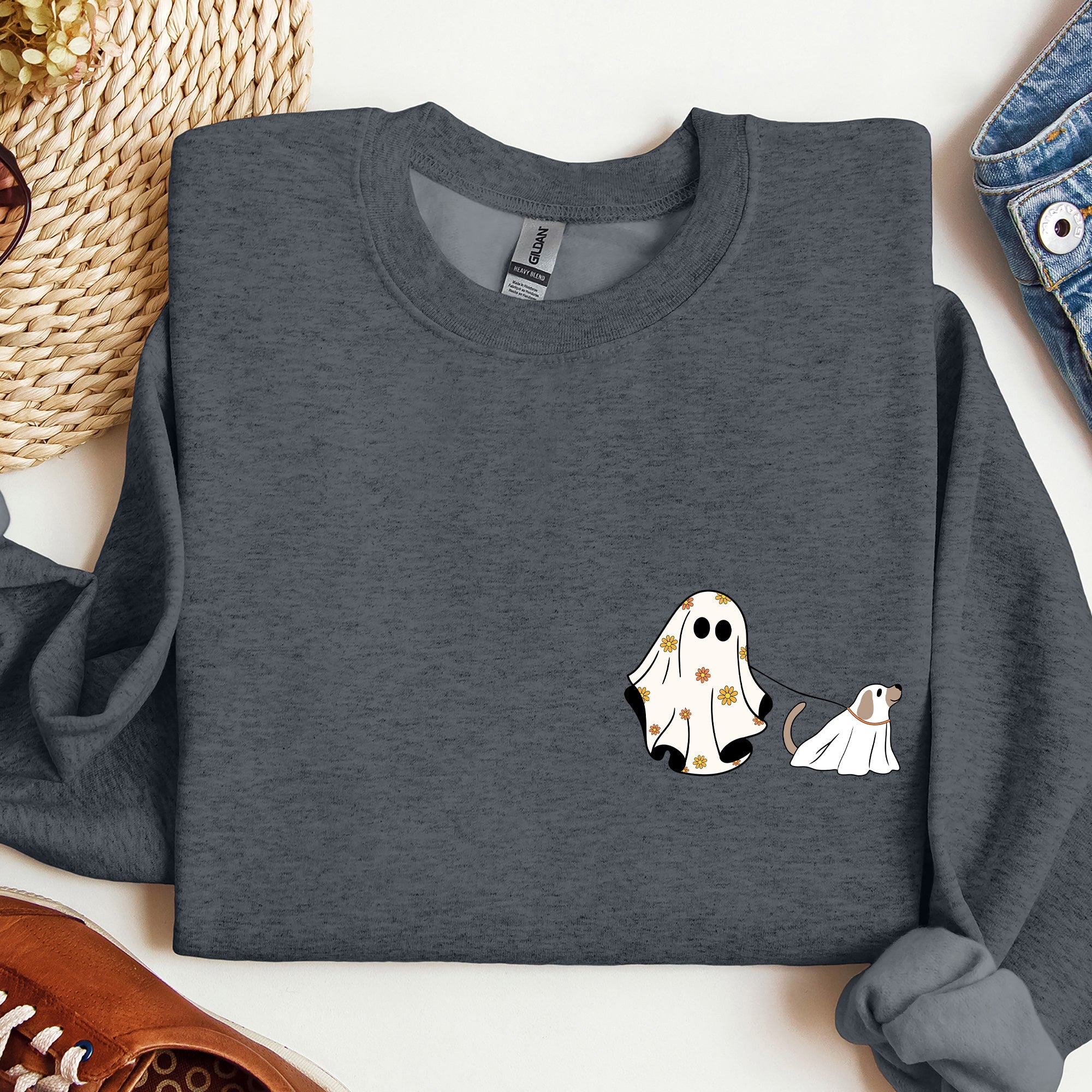 Ghost Walking Dog Pocket Print Halloween Animal Lover Cozy Warm Vintage Vibe Sweatshirt