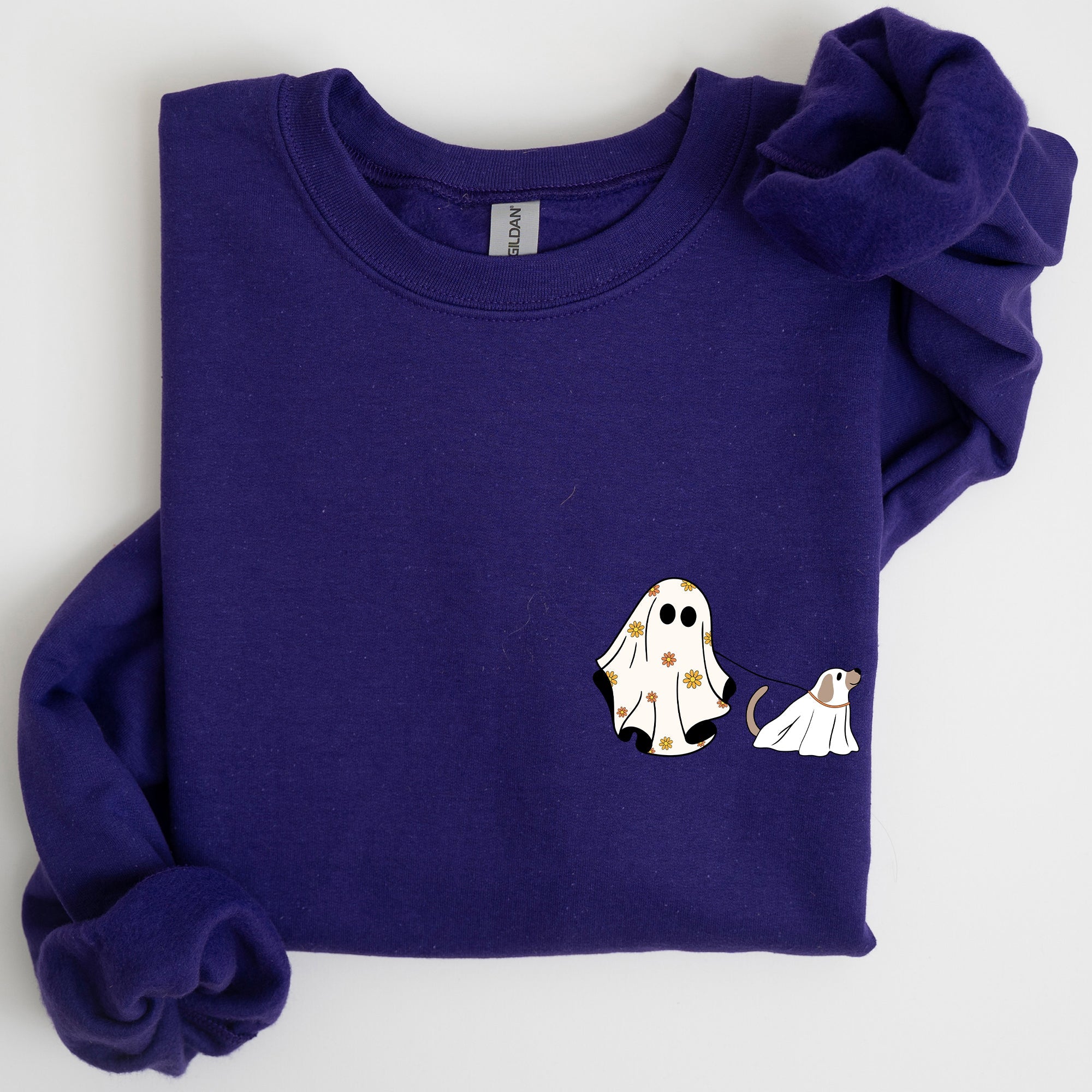 Ghost Walking Dog Pocket Print Halloween Animal Lover Cozy Warm Vintage Vibe Sweatshirt