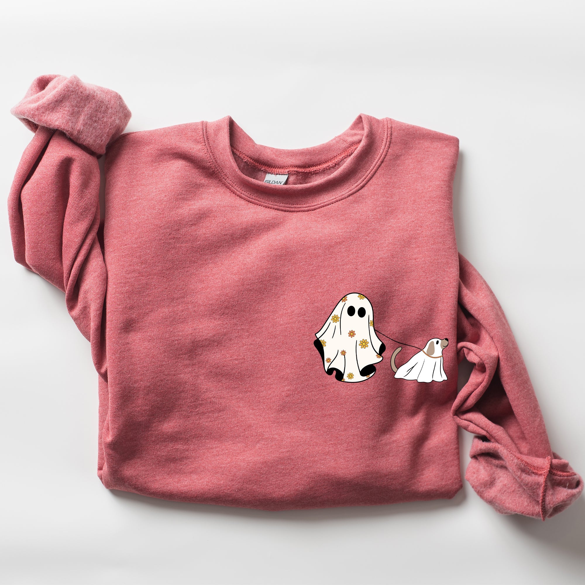 Ghost Walking Dog Pocket Print Halloween Animal Lover Cozy Warm Vintage Vibe Sweatshirt