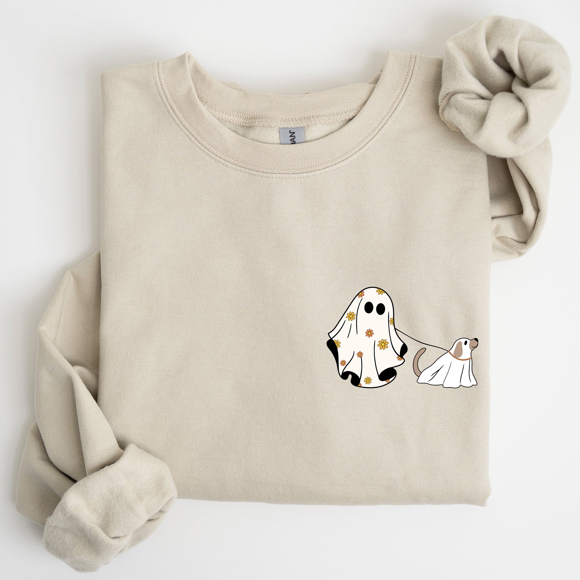 Ghost Walking Dog Pocket Print Halloween Animal Lover Cozy Warm Vintage Vibe Sweatshirt
