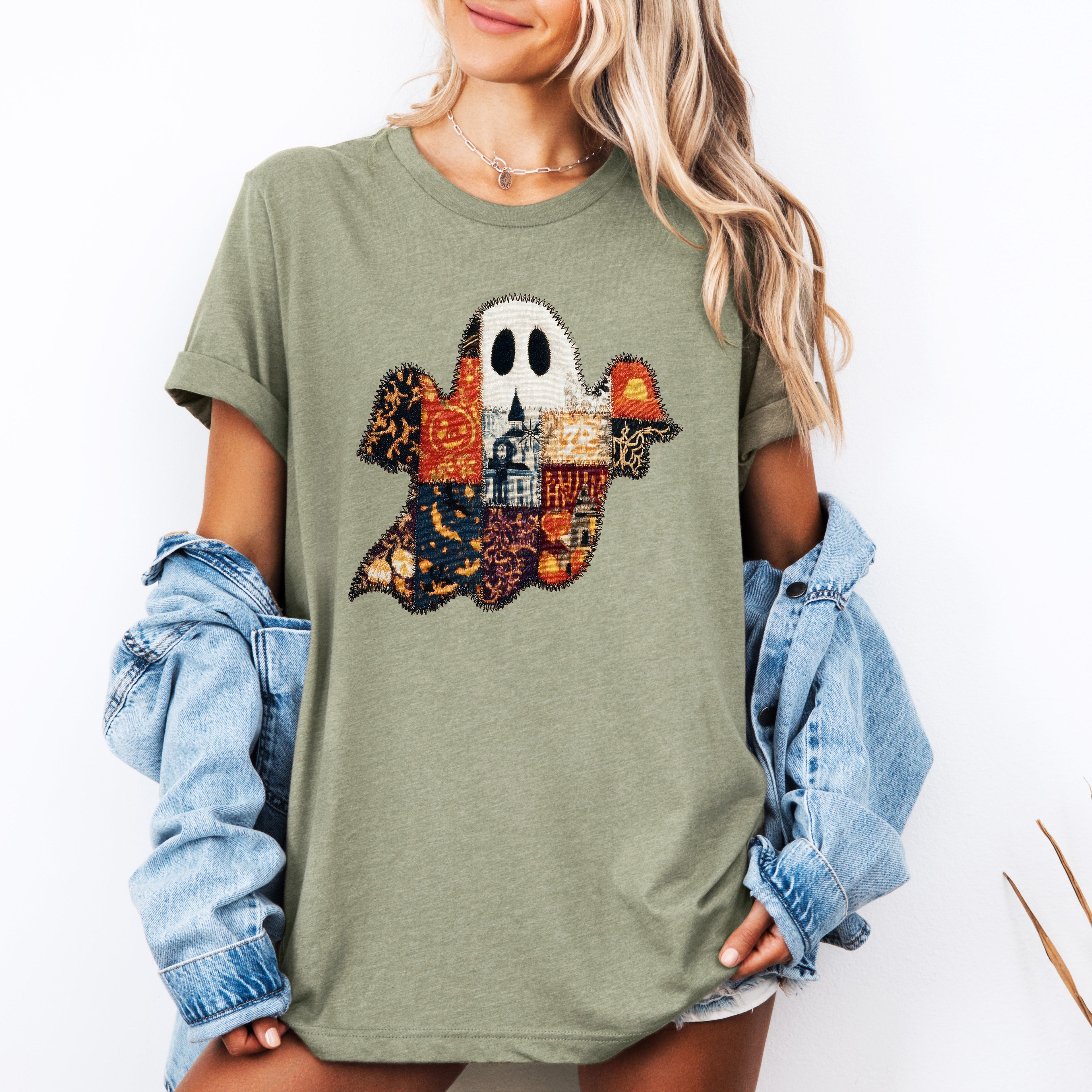 Ghost Faux Quilt Classic Halloween Fall Autumn Cozy Vintage Inspired Graphic Tee