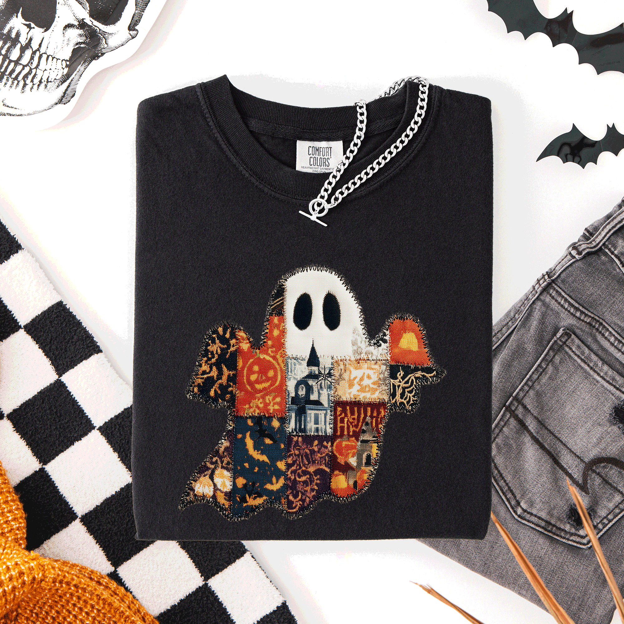 Ghost Faux Quilt Classic Halloween Fall Autumn Trad Cozy Vintage Comfort Colors Tee