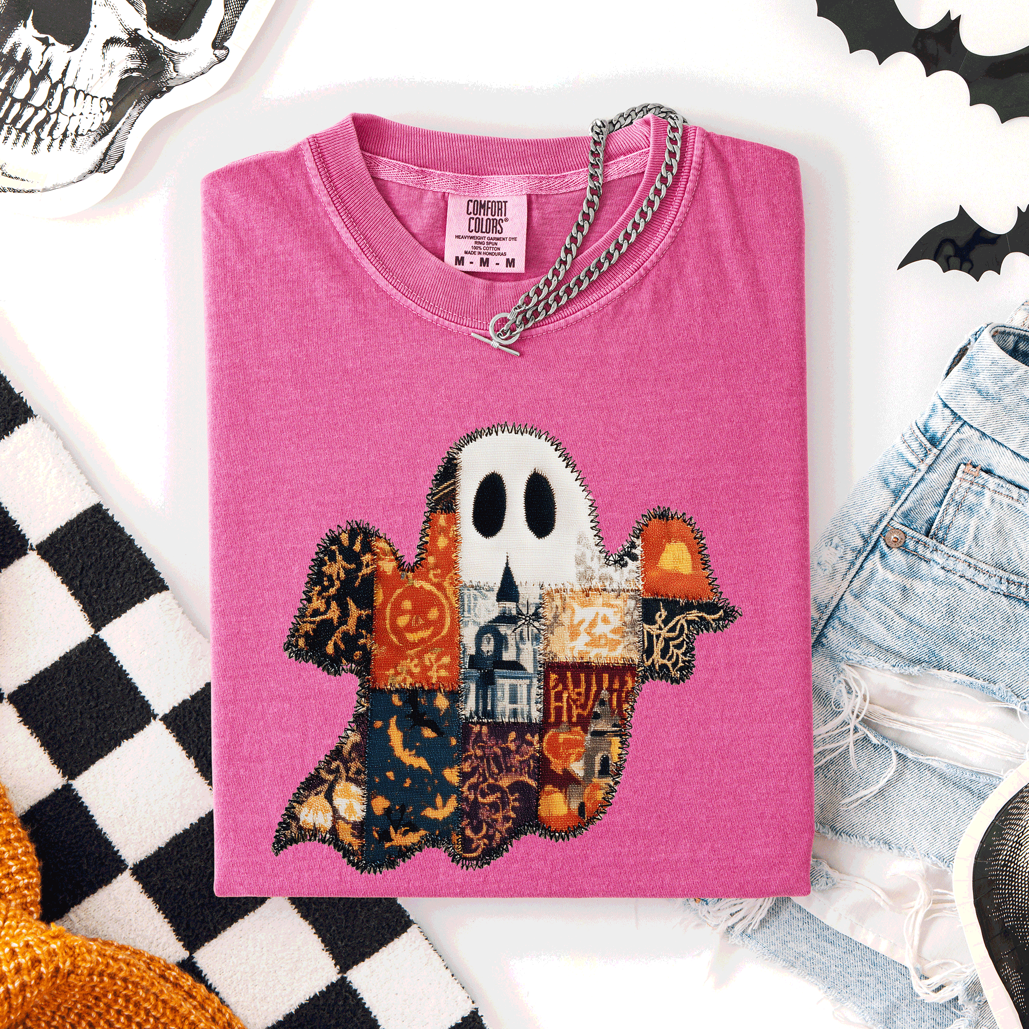 Ghost Faux Quilt Classic Halloween Fall Autumn Trad Cozy Vintage Comfort Colors Tee