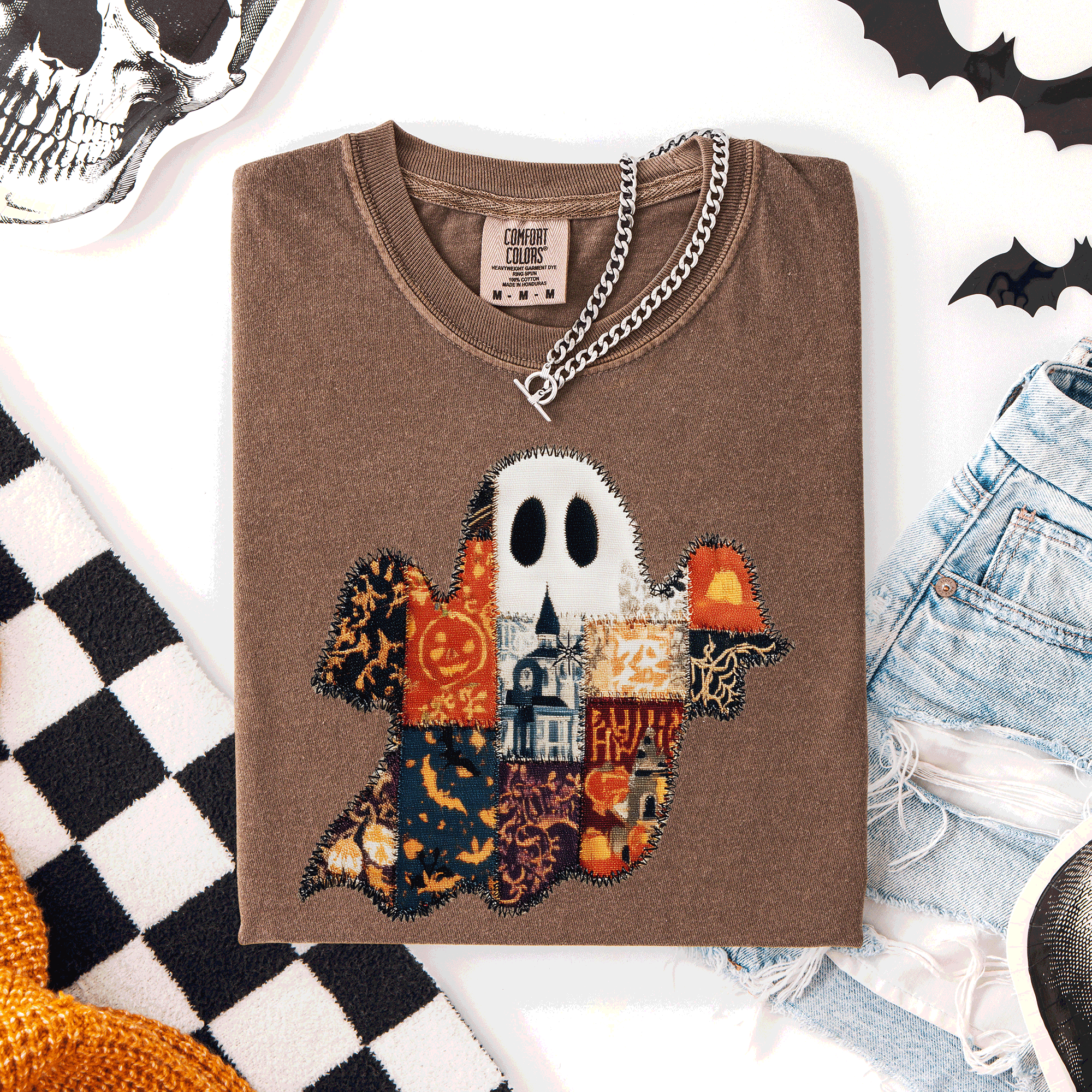 Ghost Faux Quilt Classic Halloween Fall Autumn Trad Cozy Vintage Comfort Colors Tee