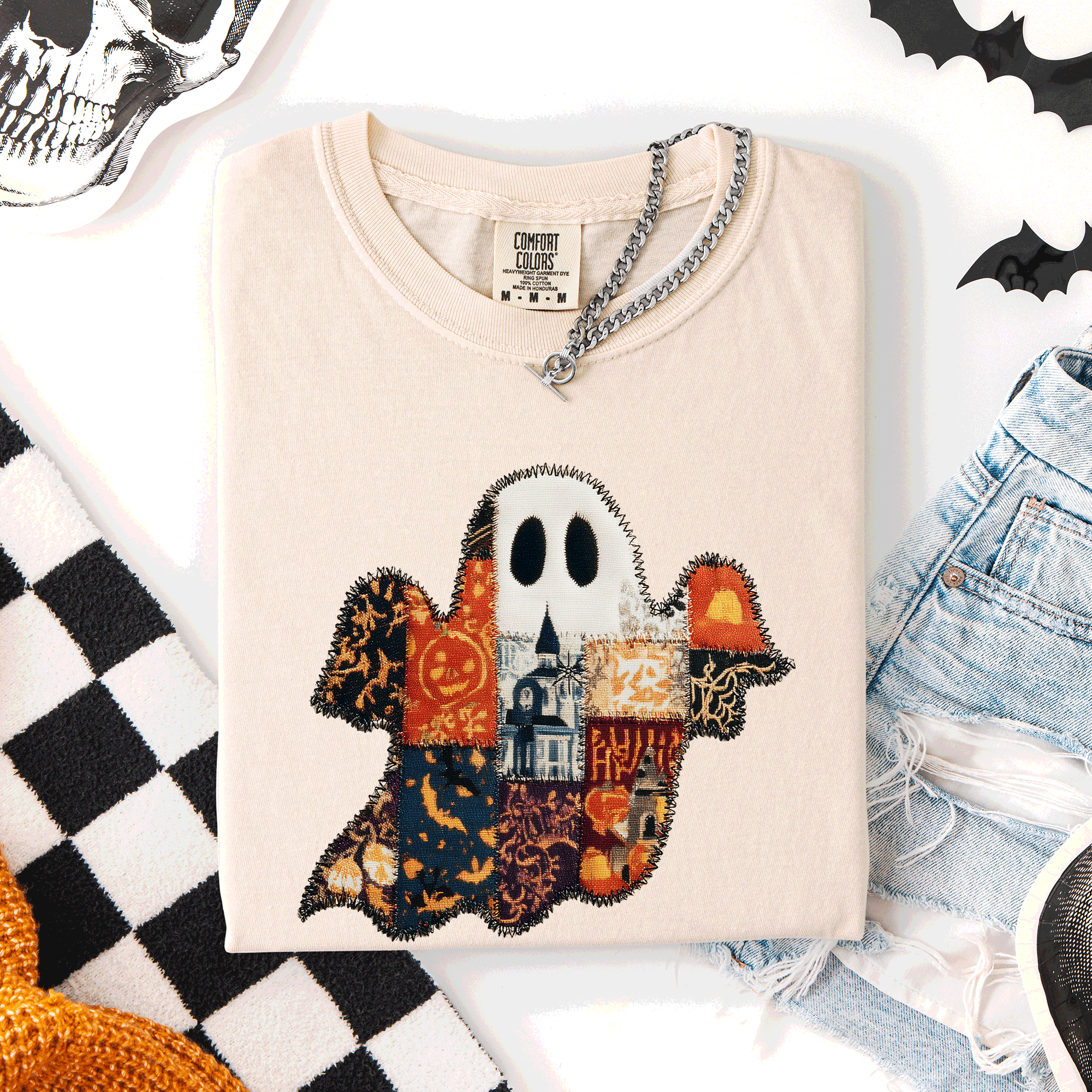 Ghost Faux Quilt Classic Halloween Fall Autumn Trad Cozy Vintage Comfort Colors Tee