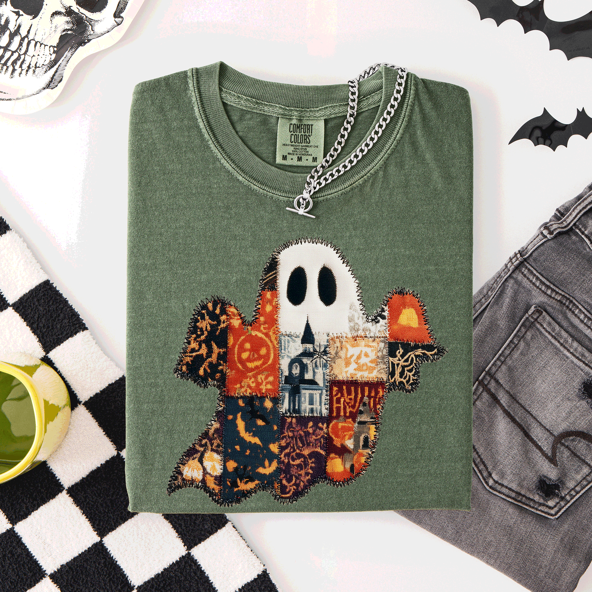 Ghost Faux Quilt Classic Halloween Fall Autumn Trad Cozy Vintage Comfort Colors Tee