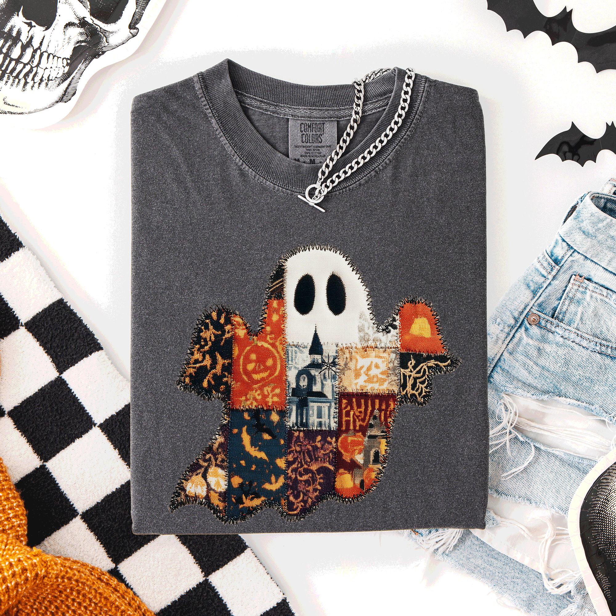 Ghost Faux Quilt Classic Halloween Fall Autumn Trad Cozy Vintage Comfort Colors Tee