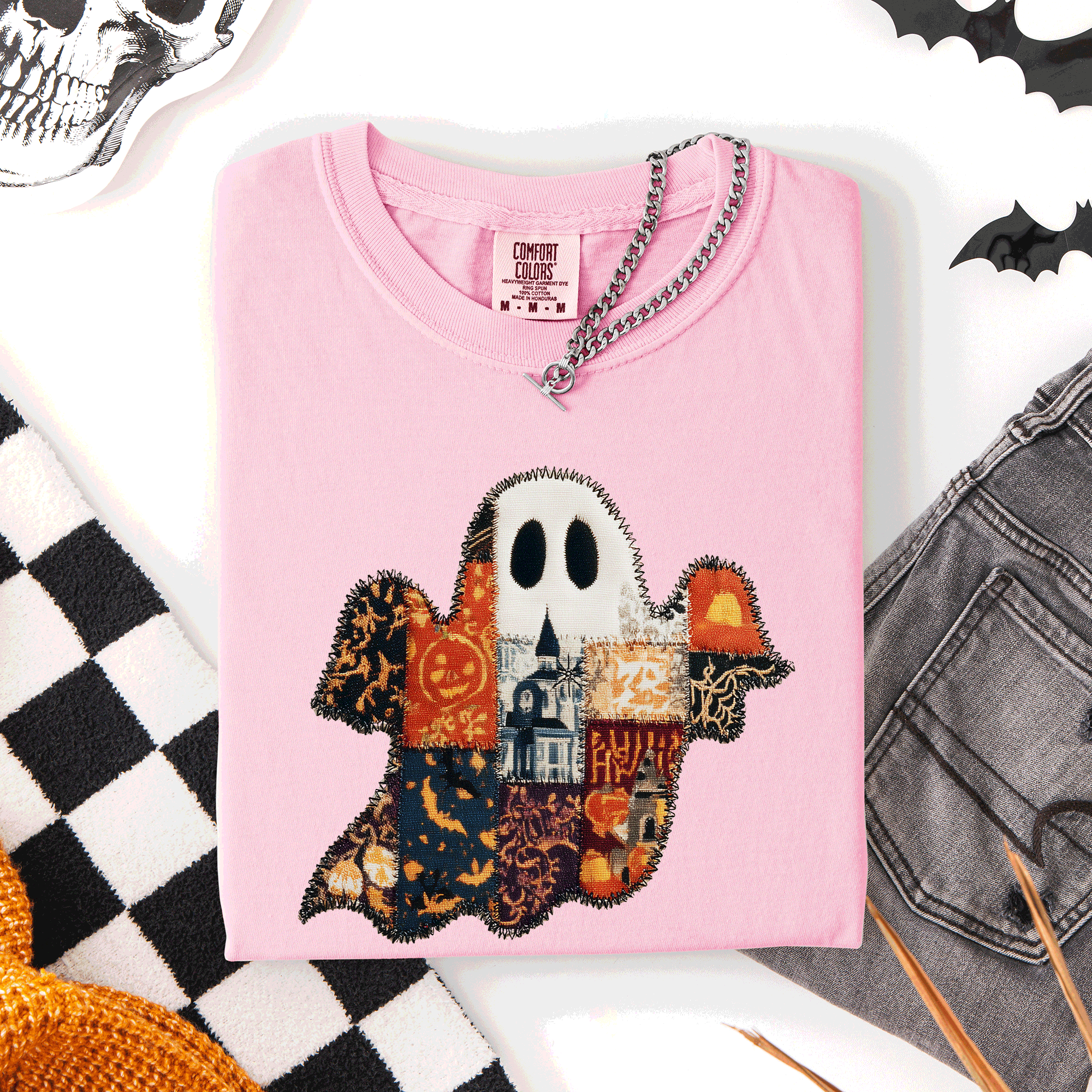 Ghost Faux Quilt Classic Halloween Fall Autumn Trad Cozy Vintage Comfort Colors Tee