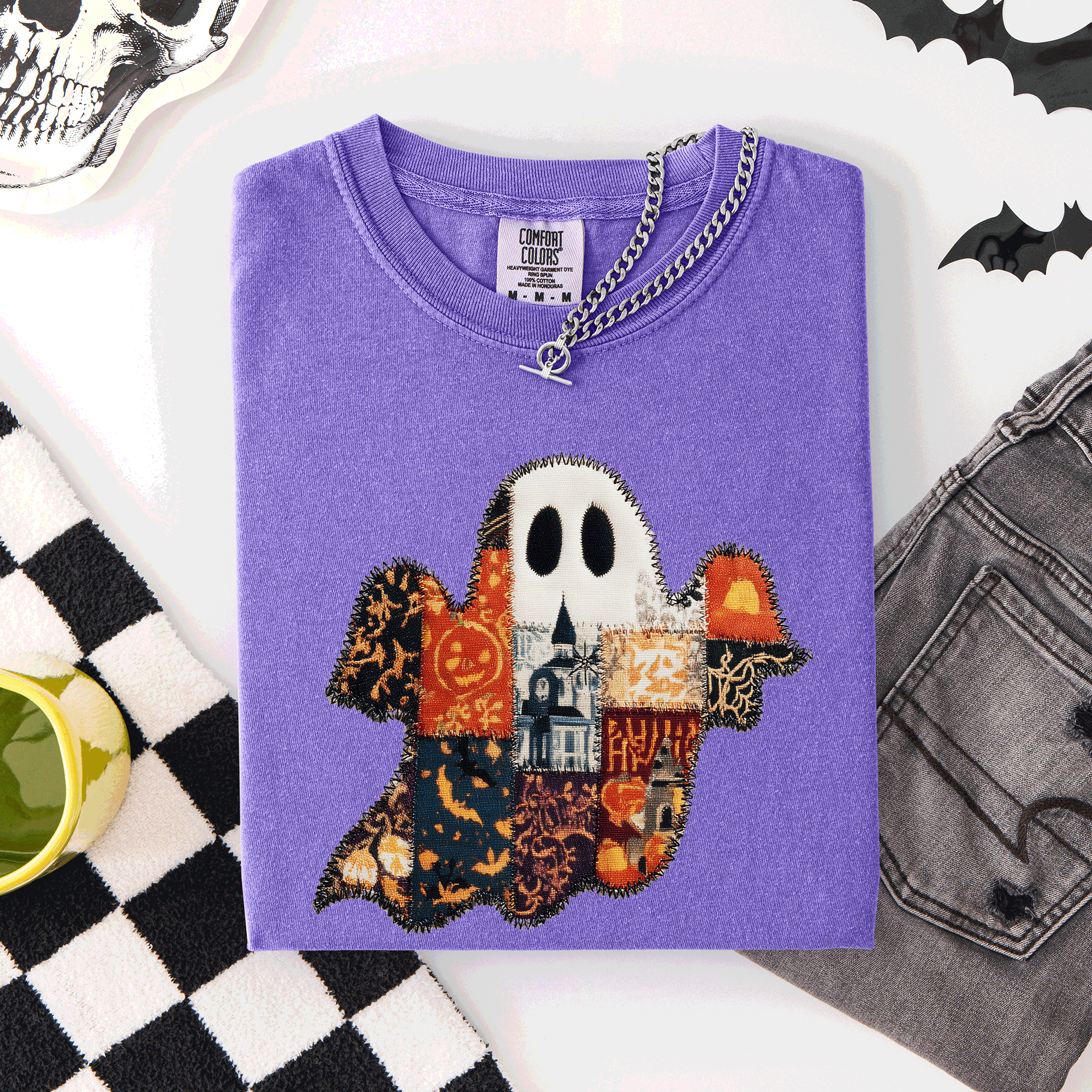 Ghost Faux Quilt Classic Halloween Fall Autumn Trad Cozy Vintage Comfort Colors Tee