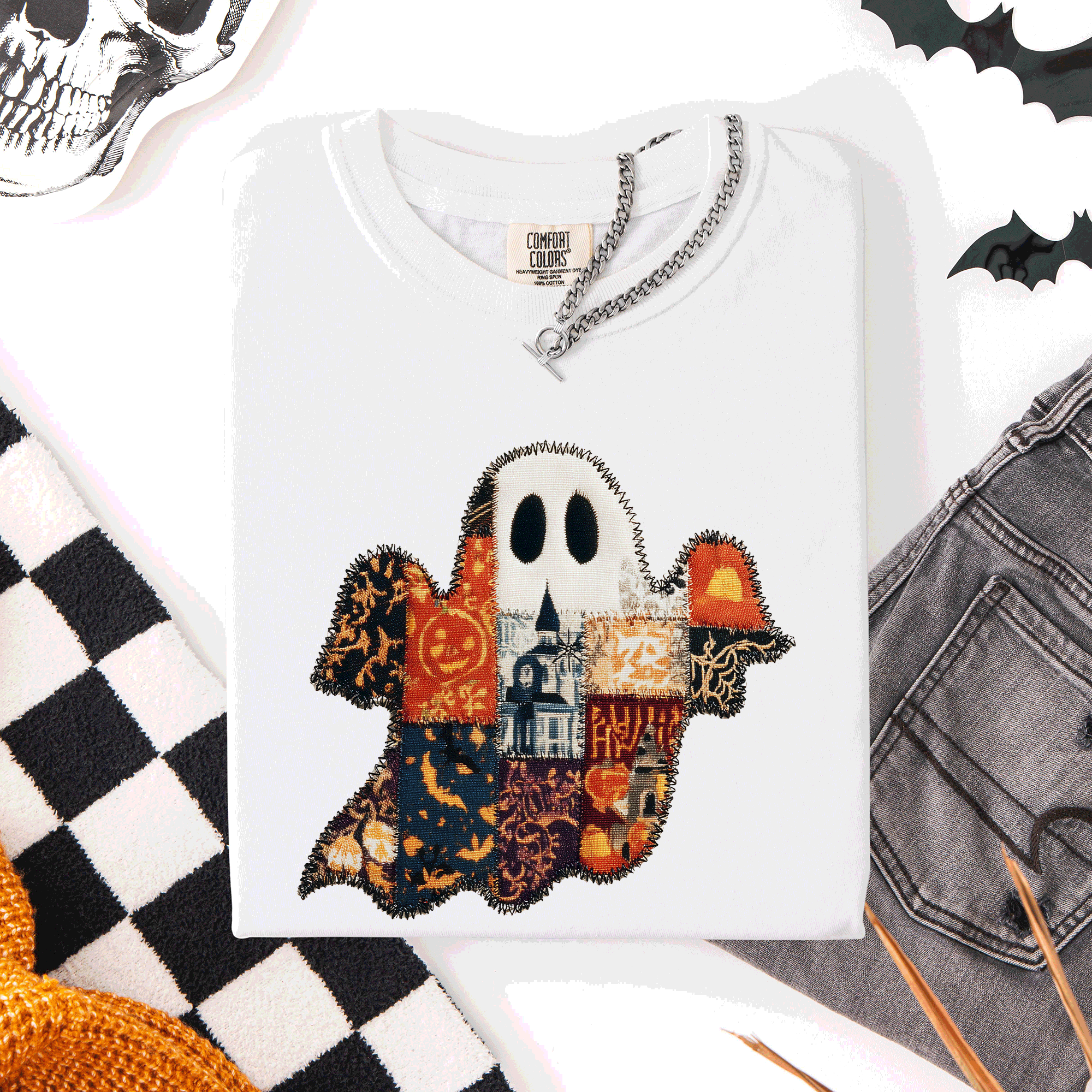 Ghost Faux Quilt Classic Halloween Fall Autumn Trad Cozy Vintage Comfort Colors Tee