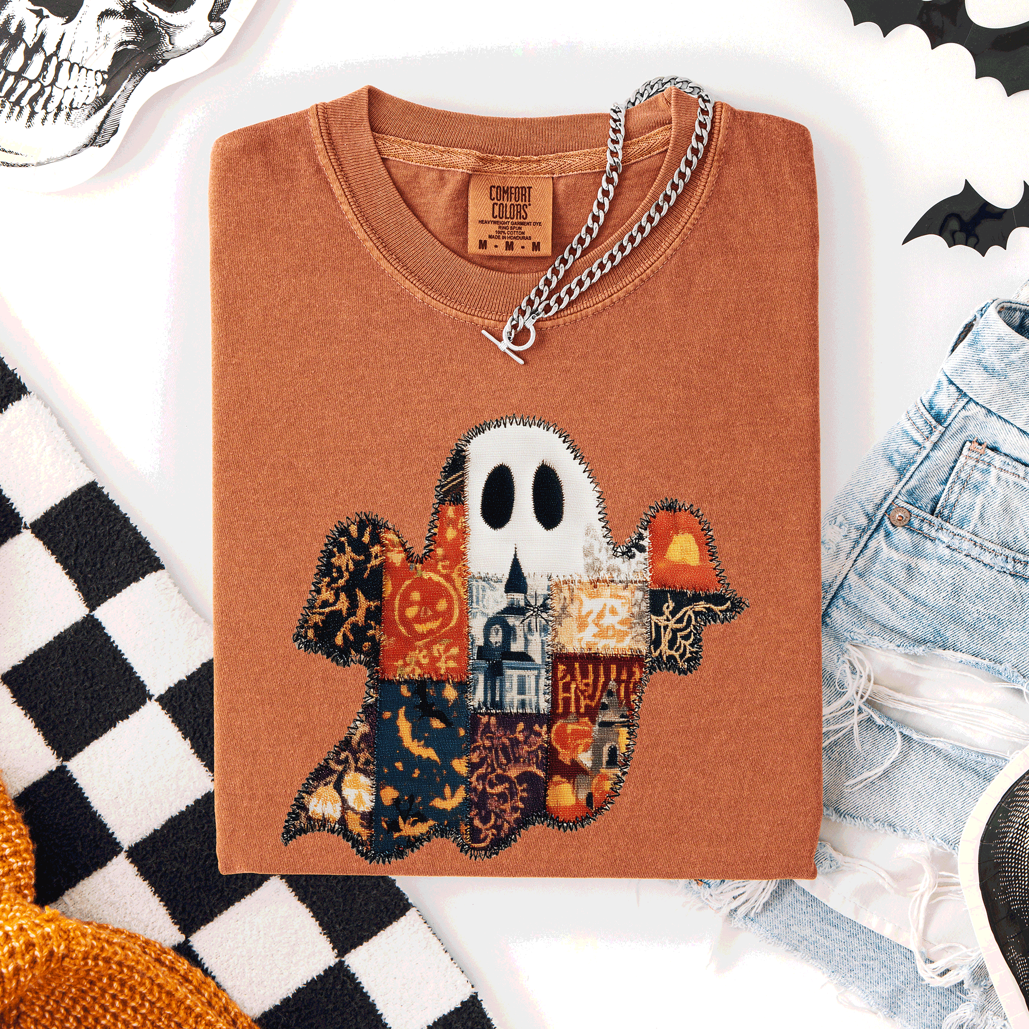 Ghost Faux Quilt Classic Halloween Fall Autumn Trad Cozy Vintage Comfort Colors Tee
