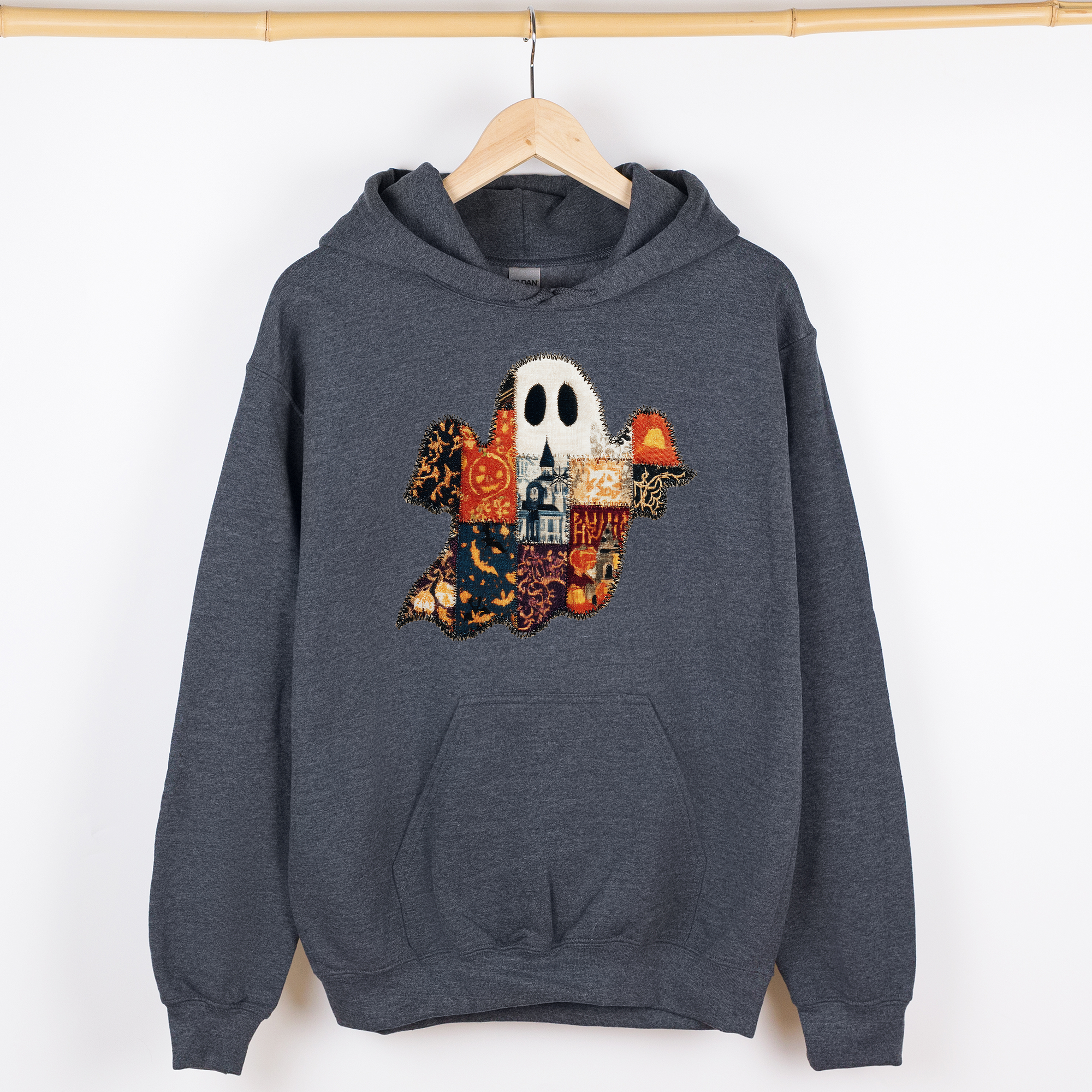 Ghost Faux Quilt Vintage Haunted Autumn Charm Cozy Spooky Patchwork Nightfall Graphic Hoodie