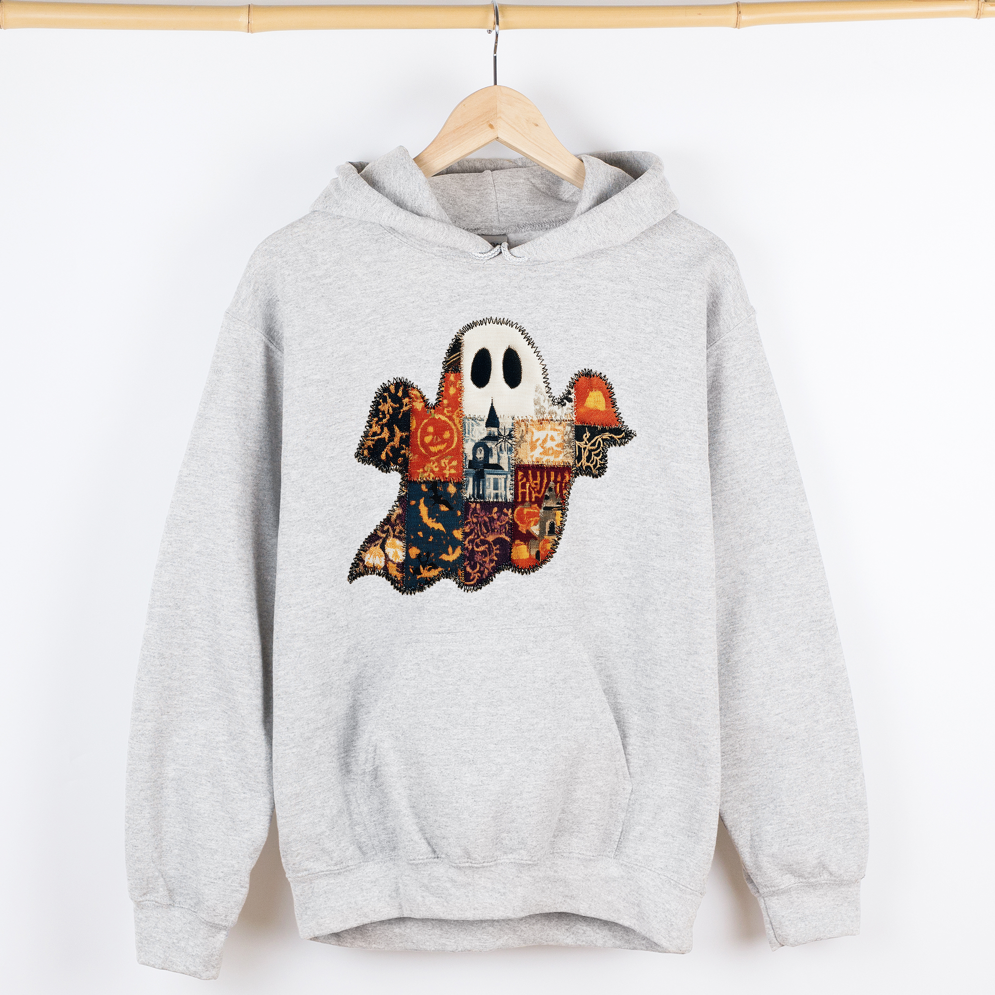 Ghost Faux Quilt Vintage Haunted Autumn Charm Cozy Spooky Patchwork Nightfall Graphic Hoodie