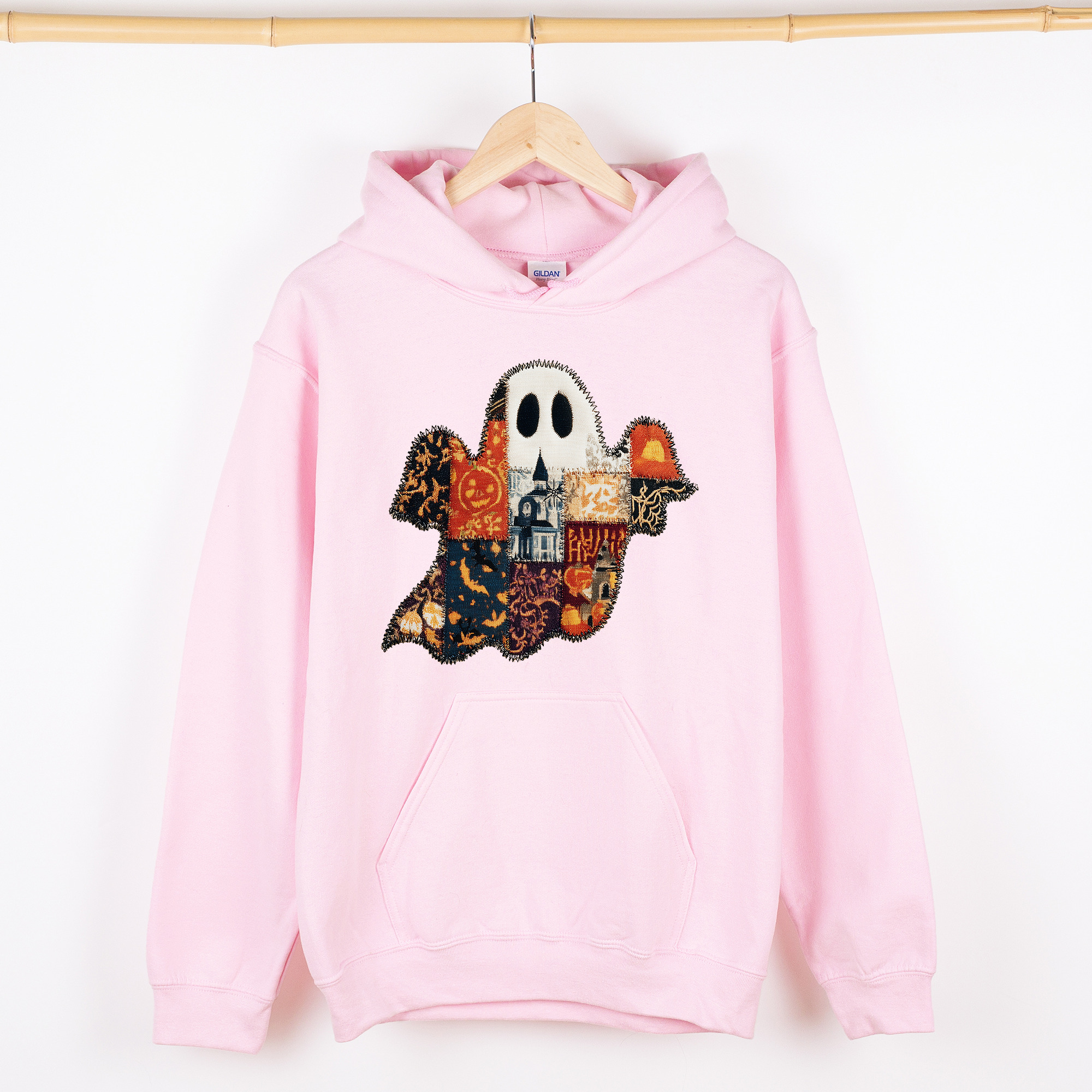 Ghost Faux Quilt Vintage Haunted Autumn Charm Cozy Spooky Patchwork Nightfall Graphic Hoodie