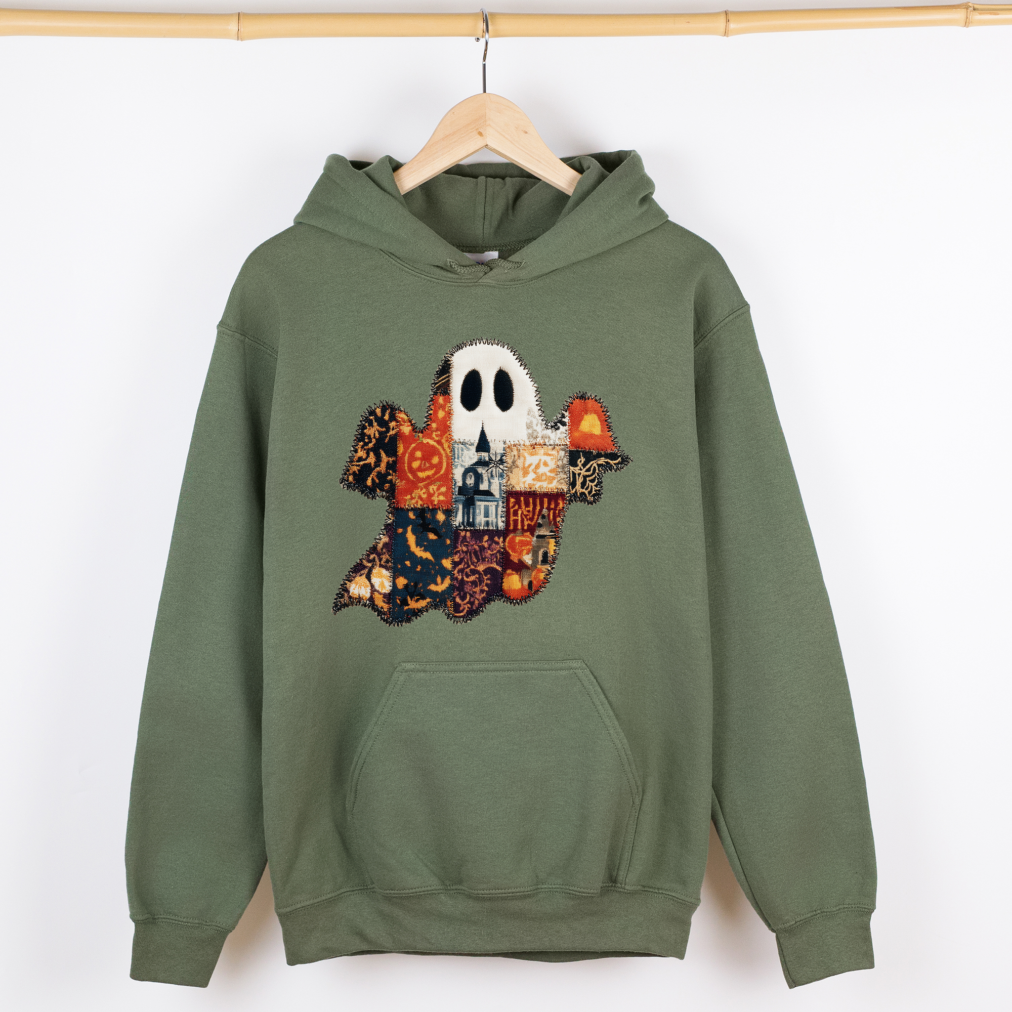 Ghost Faux Quilt Vintage Haunted Autumn Charm Cozy Spooky Patchwork Nightfall Graphic Hoodie