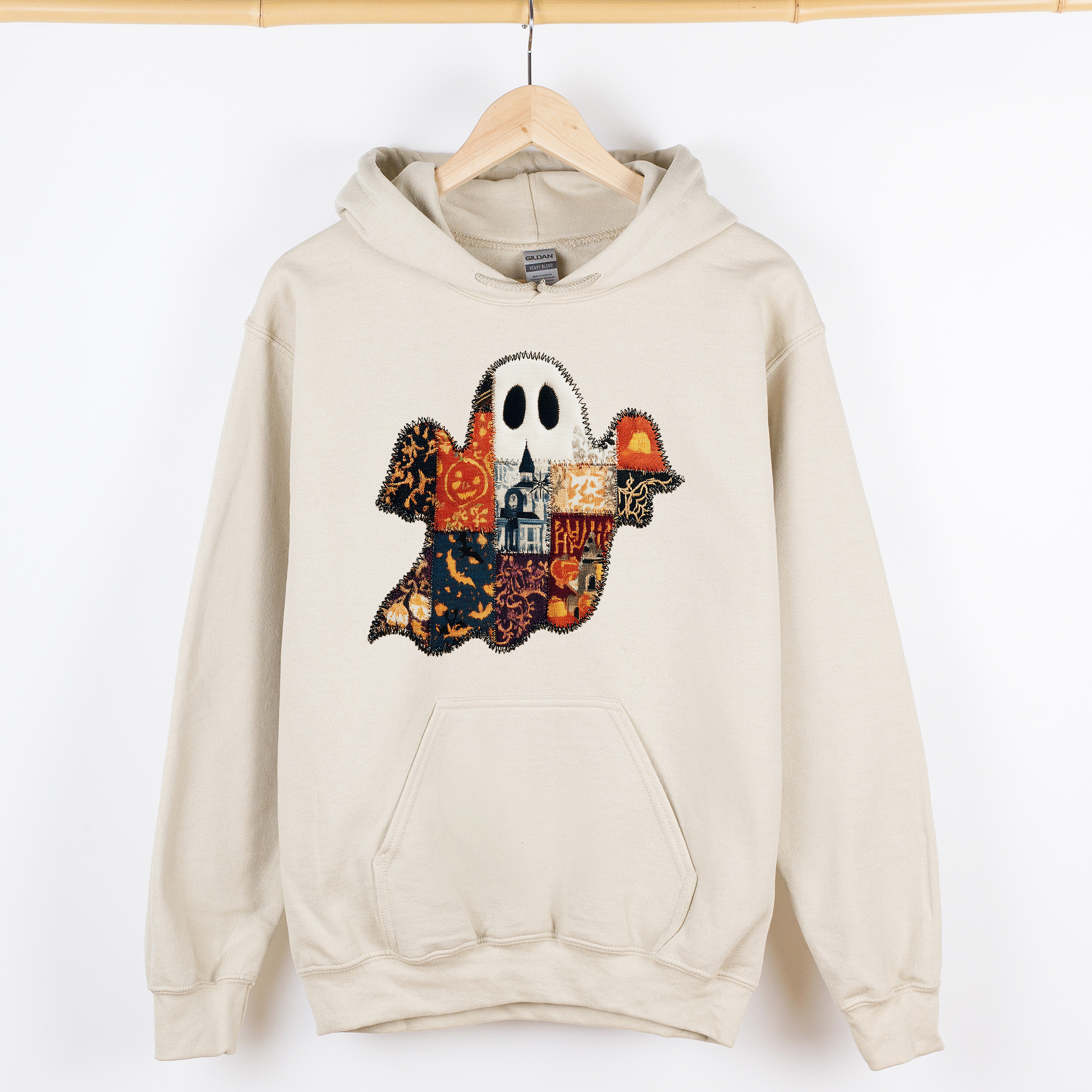 Ghost Faux Quilt Vintage Haunted Autumn Charm Cozy Spooky Patchwork Nightfall Graphic Hoodie