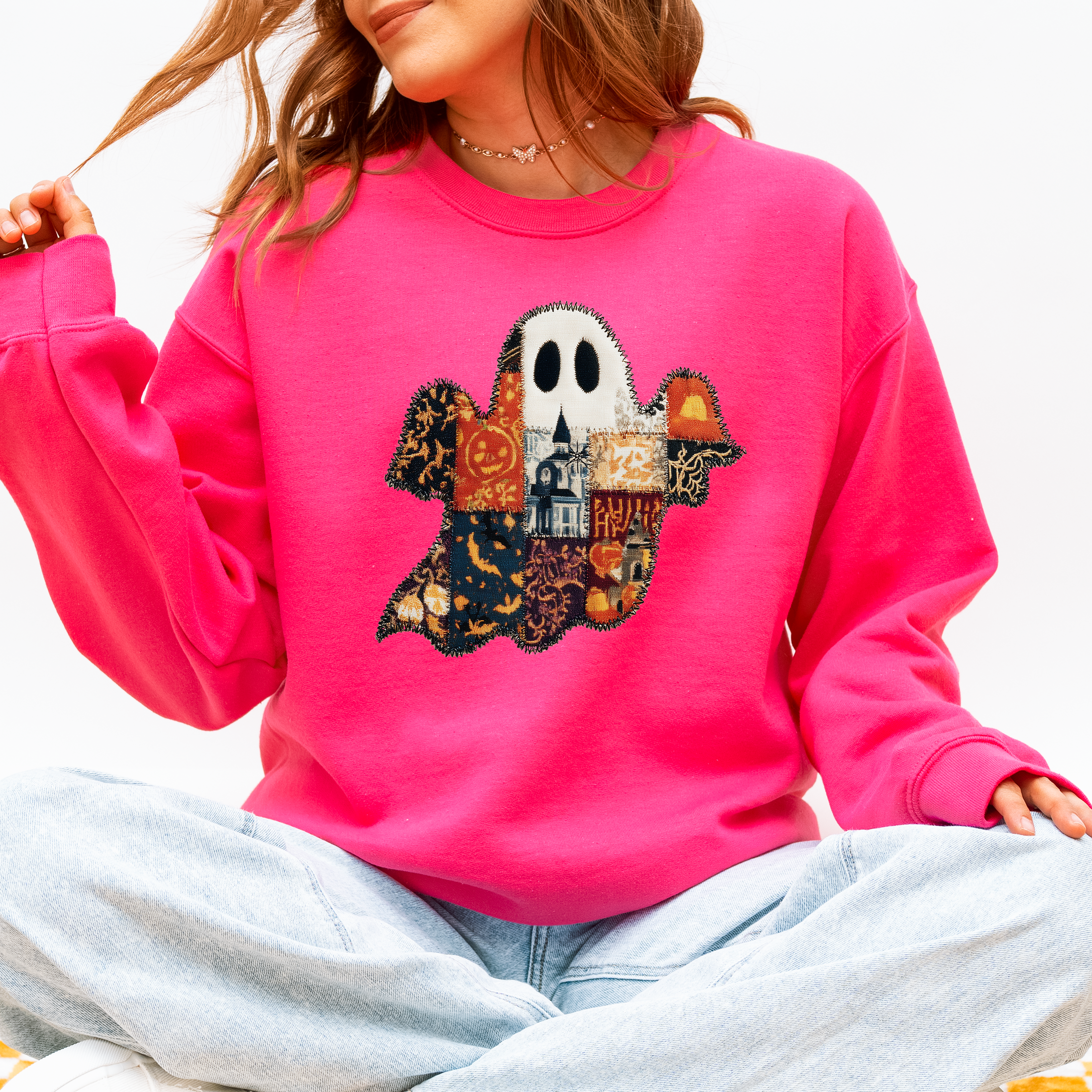 Ghost Faux Quilt Classic Halloween Fall Cozy Nights Festive Timeless Spooky Style Sweatshirt