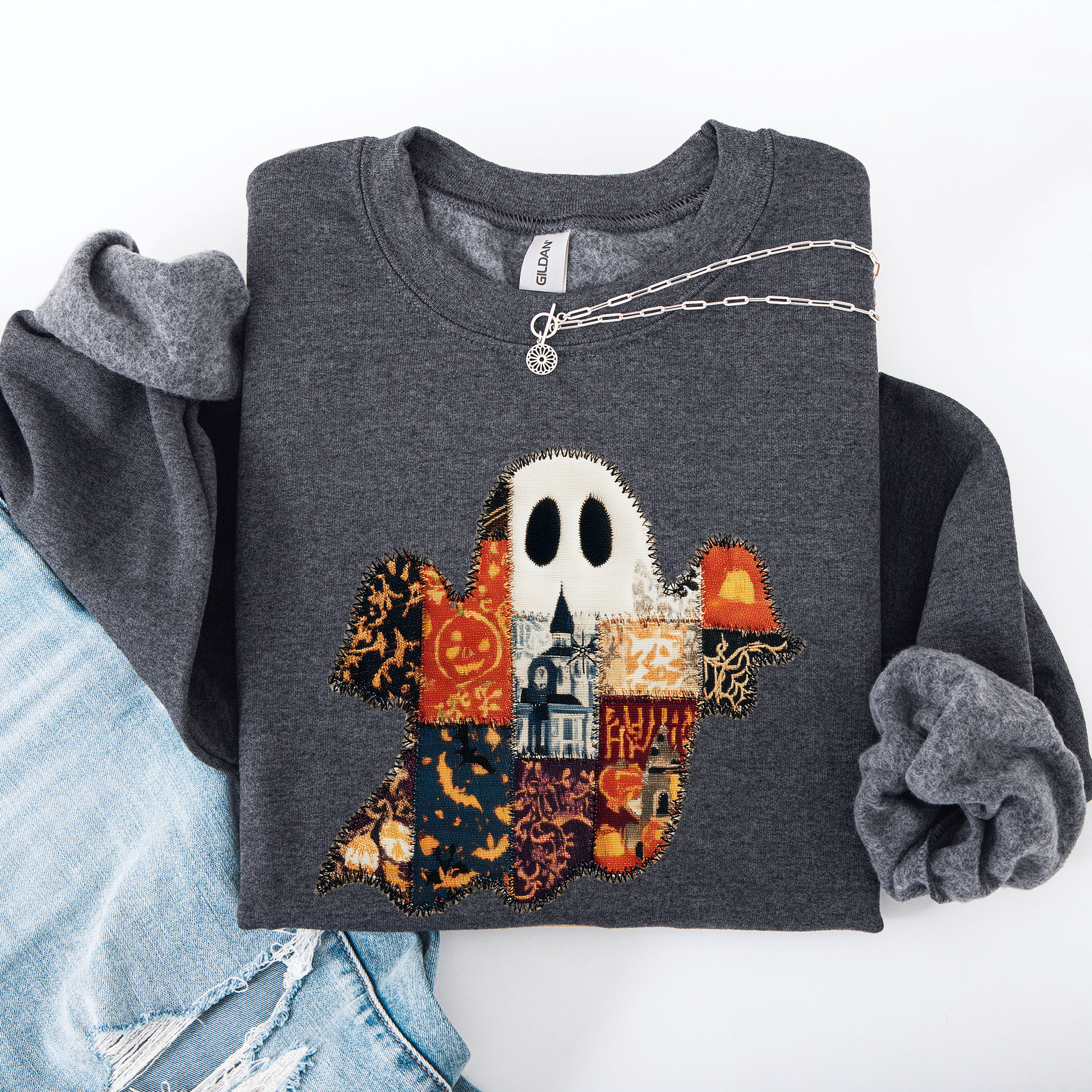 Ghost Faux Quilt Classic Halloween Fall Cozy Nights Festive Timeless Spooky Style Sweatshirt