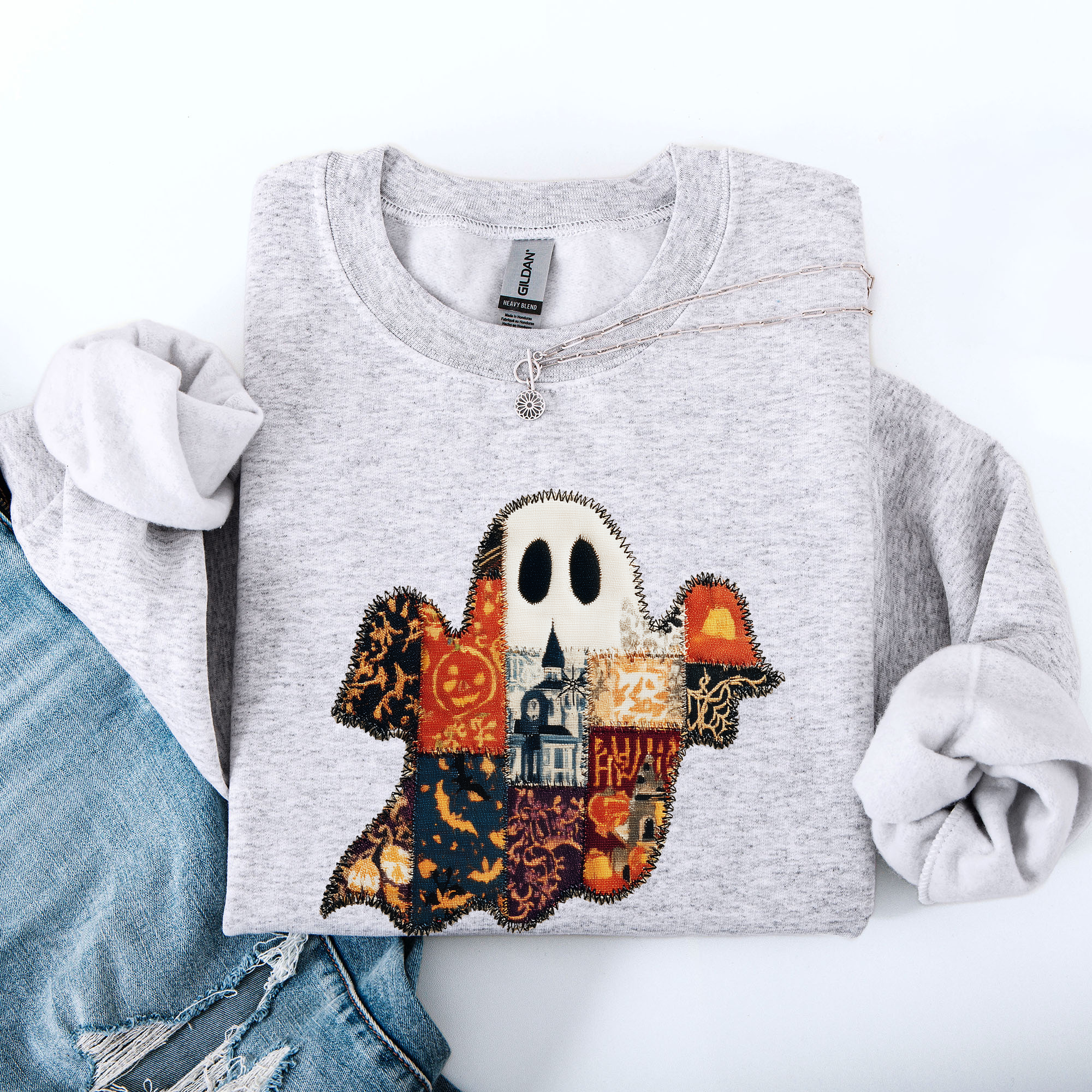 Ghost Faux Quilt Classic Halloween Fall Cozy Nights Festive Timeless Spooky Style Sweatshirt