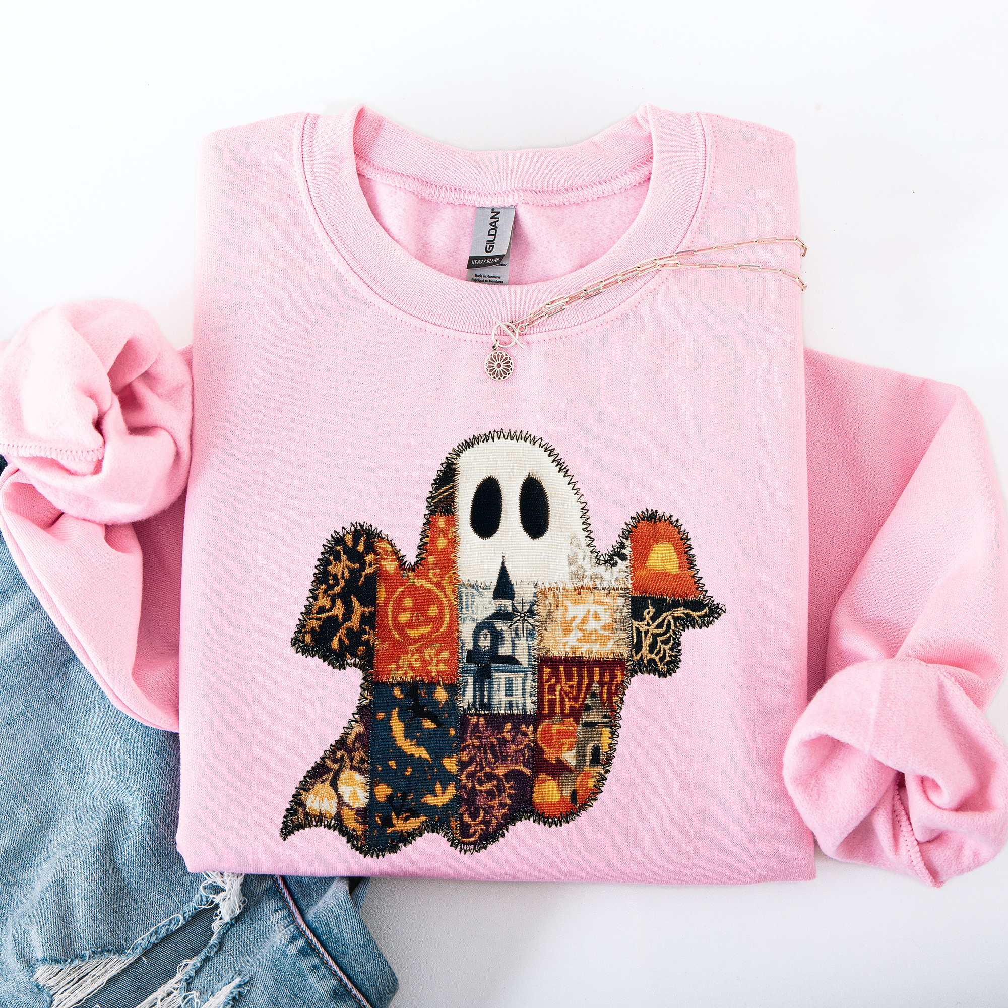Ghost Faux Quilt Classic Halloween Fall Cozy Nights Festive Timeless Spooky Style Sweatshirt
