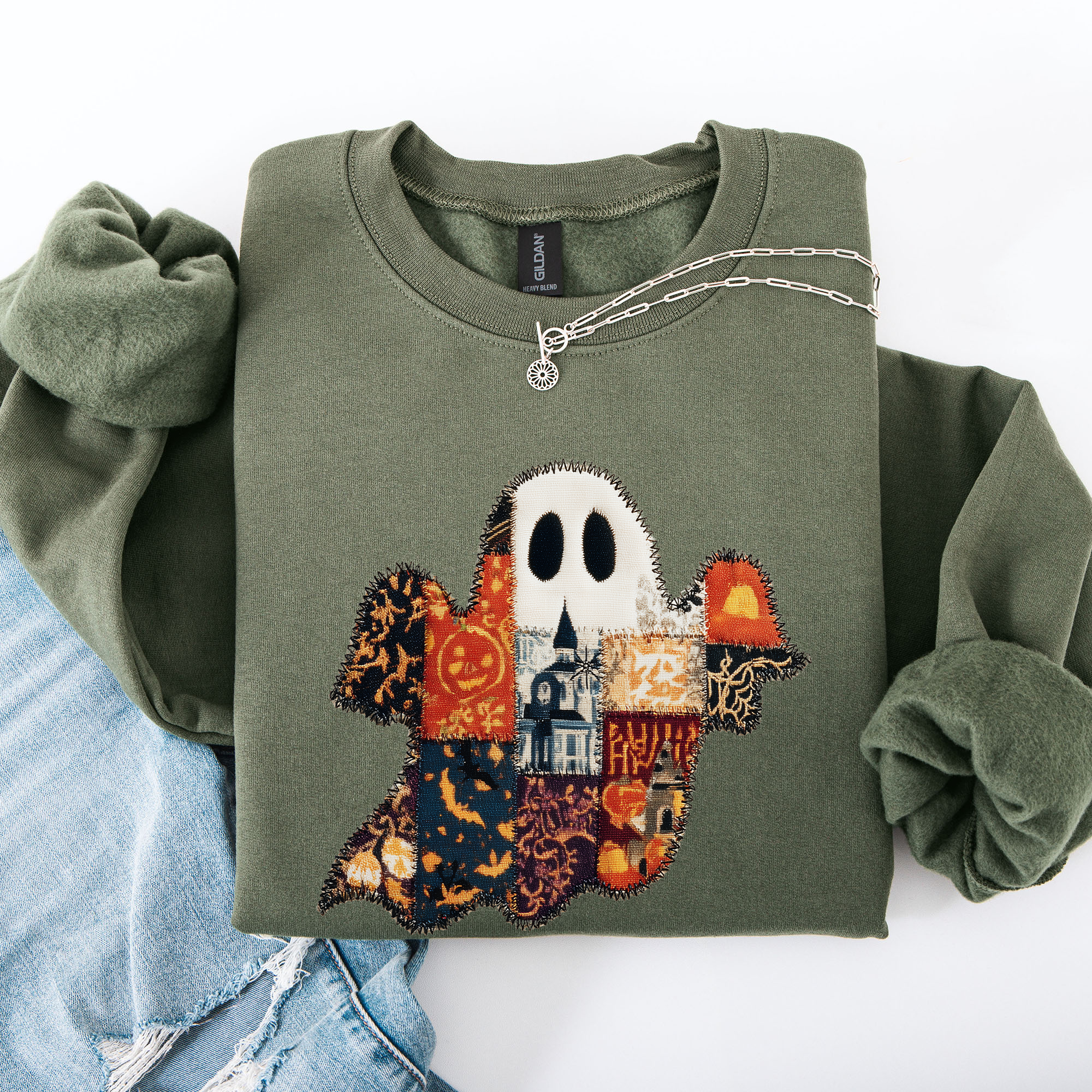 Ghost Faux Quilt Classic Halloween Fall Cozy Nights Festive Timeless Spooky Style Sweatshirt