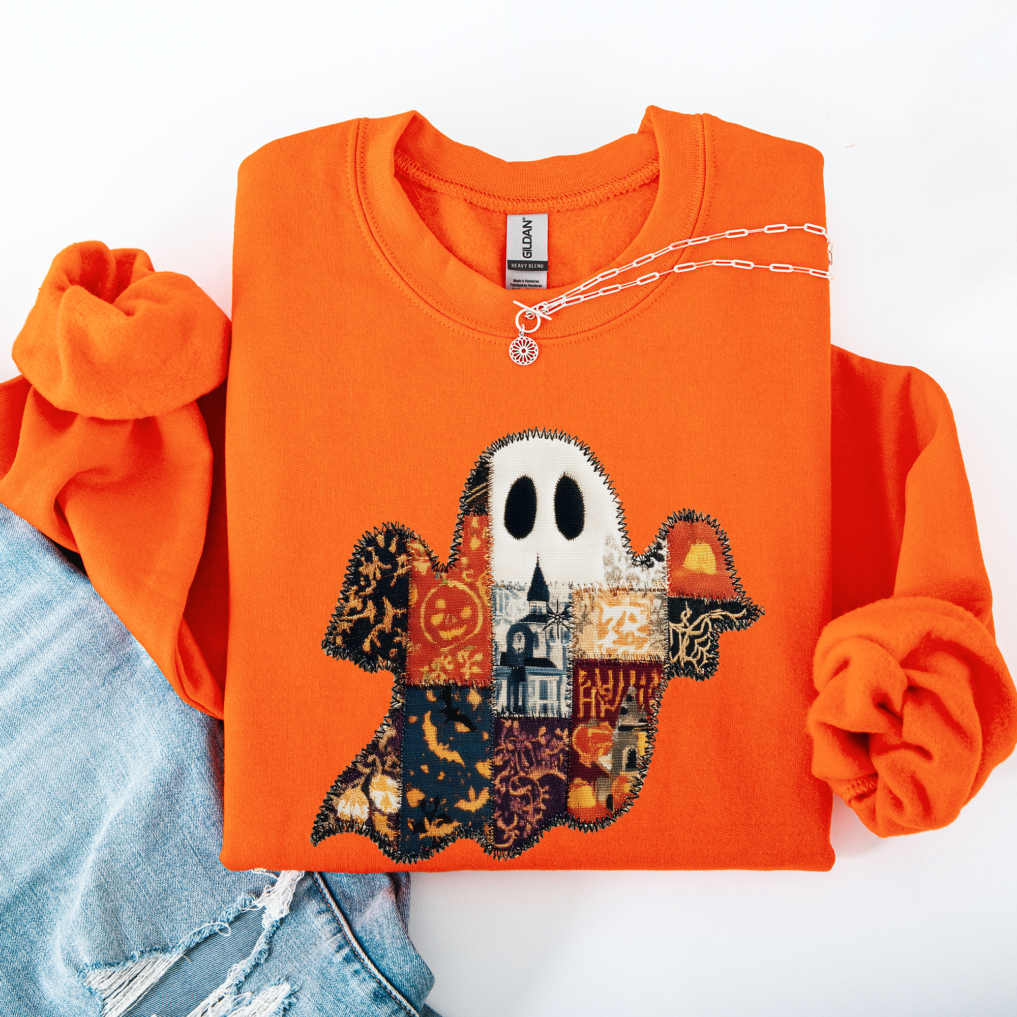 Ghost Faux Quilt Classic Halloween Fall Cozy Nights Festive Timeless Spooky Style Sweatshirt