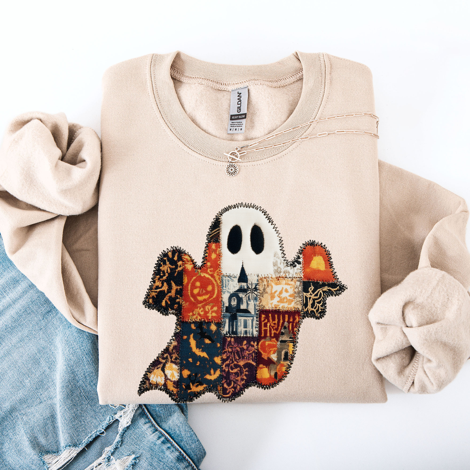 Ghost Faux Quilt Classic Halloween Fall Cozy Nights Festive Timeless Spooky Style Sweatshirt
