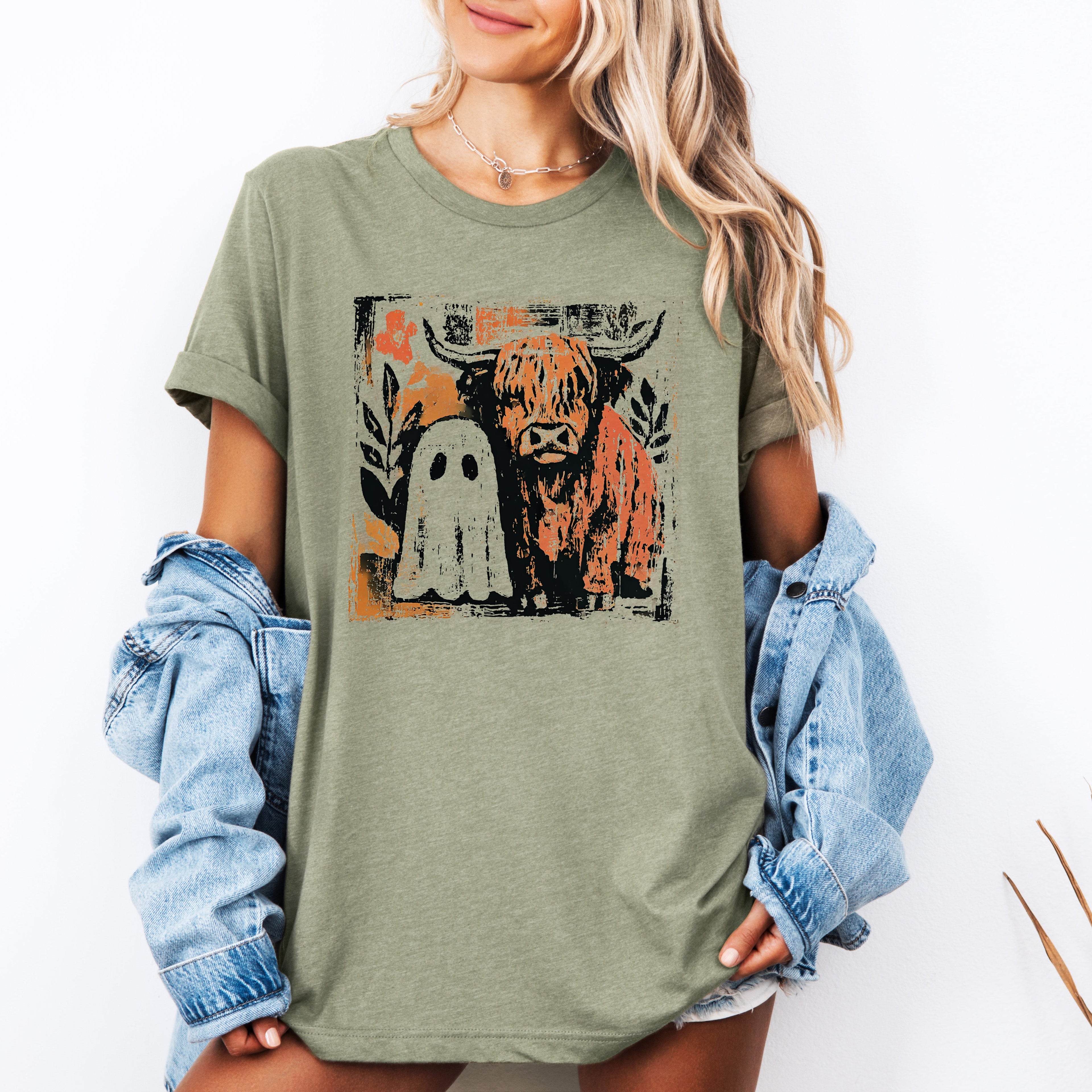 Ghost And Cow Autumn Halloween Spooky Fall Nighttime Charm Whimsical Boo Duo Graphic Tee