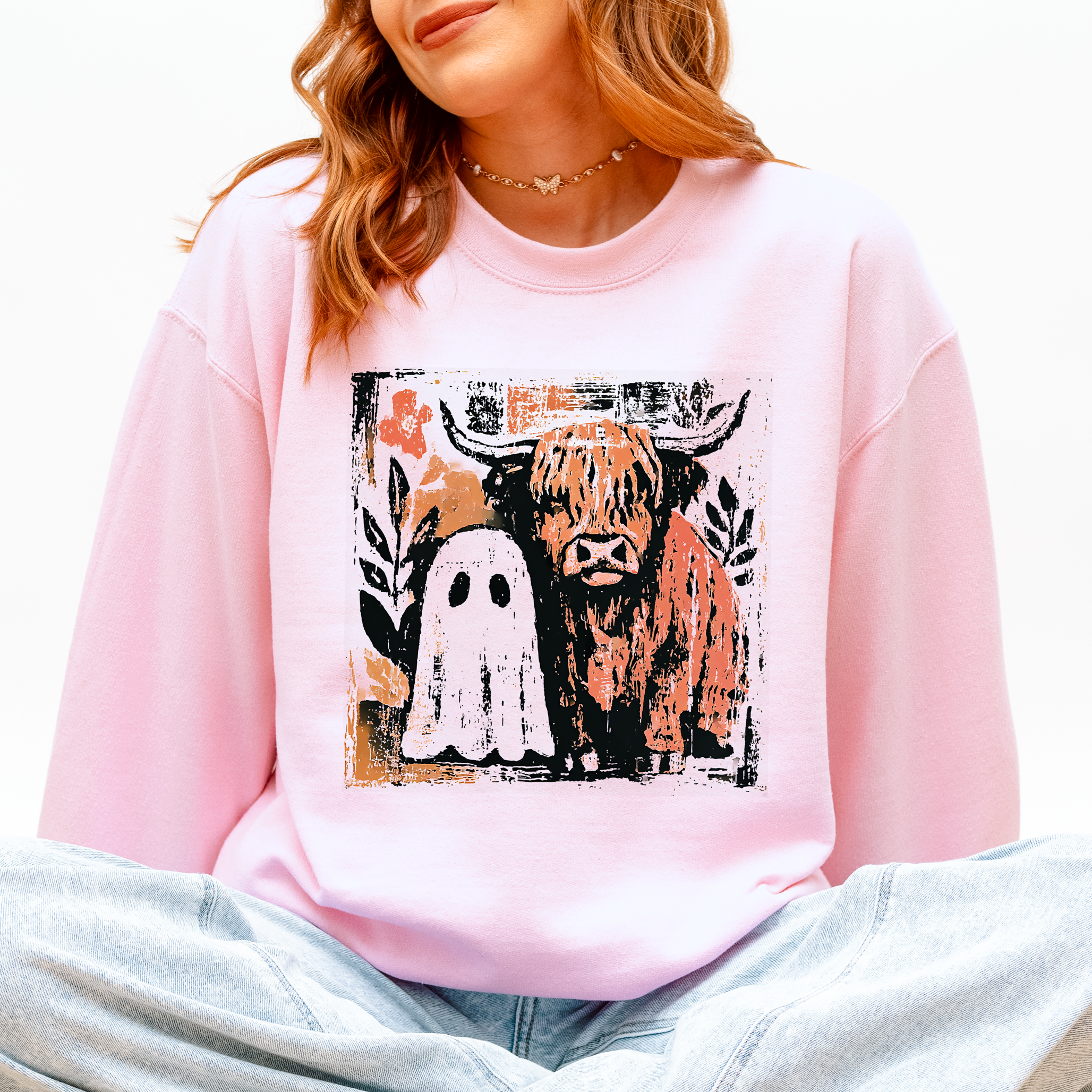 Ghost and Cow Cute Autumn Halloween Spooky Fall Cozy Nostalgic Seasonal Sweatshirt