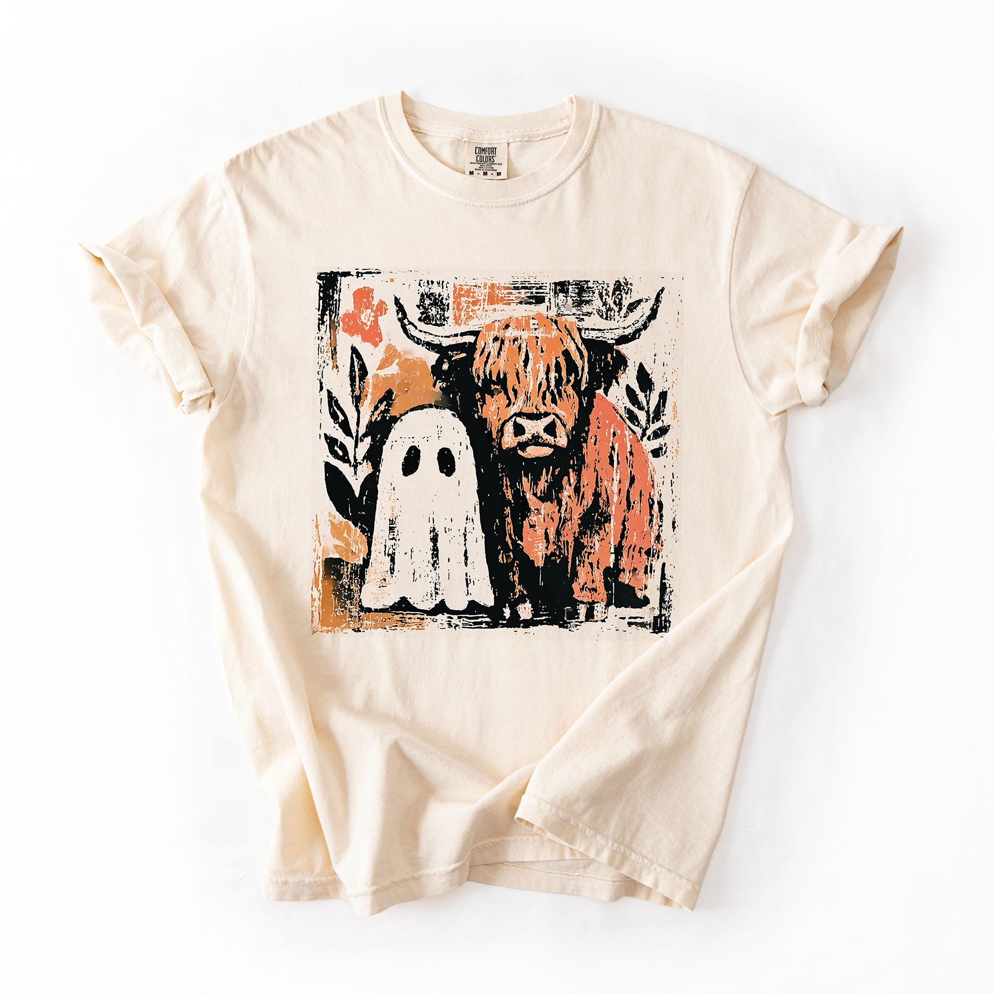 Ghost And Cow Cute Autumn Halloween Spooky Season Cozy Night Village Harvest Moon Comfort Colors Tee