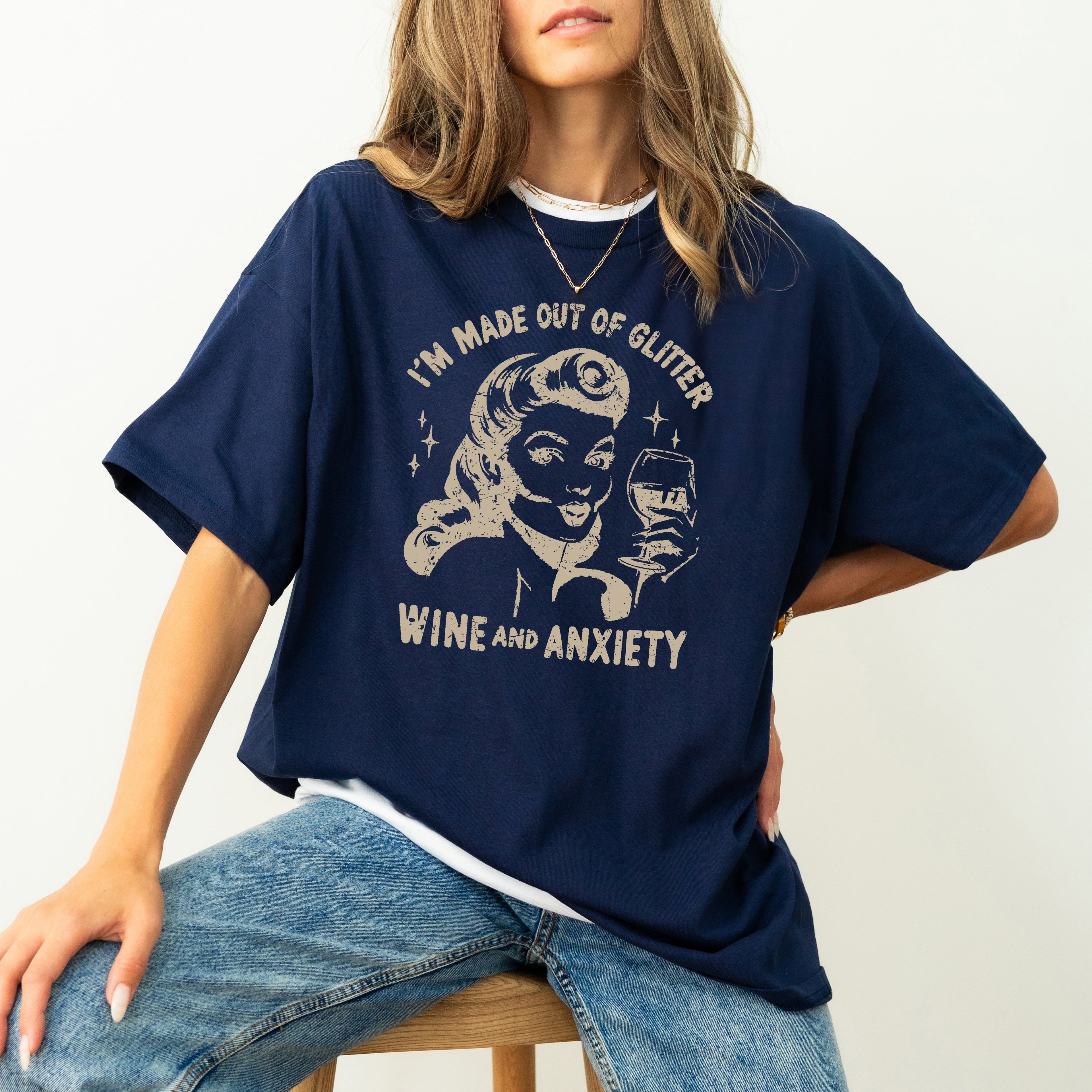 Glitter Wine Anxiety Mental Health Self Care Meme Relatable Humor Comfort Colors Tee