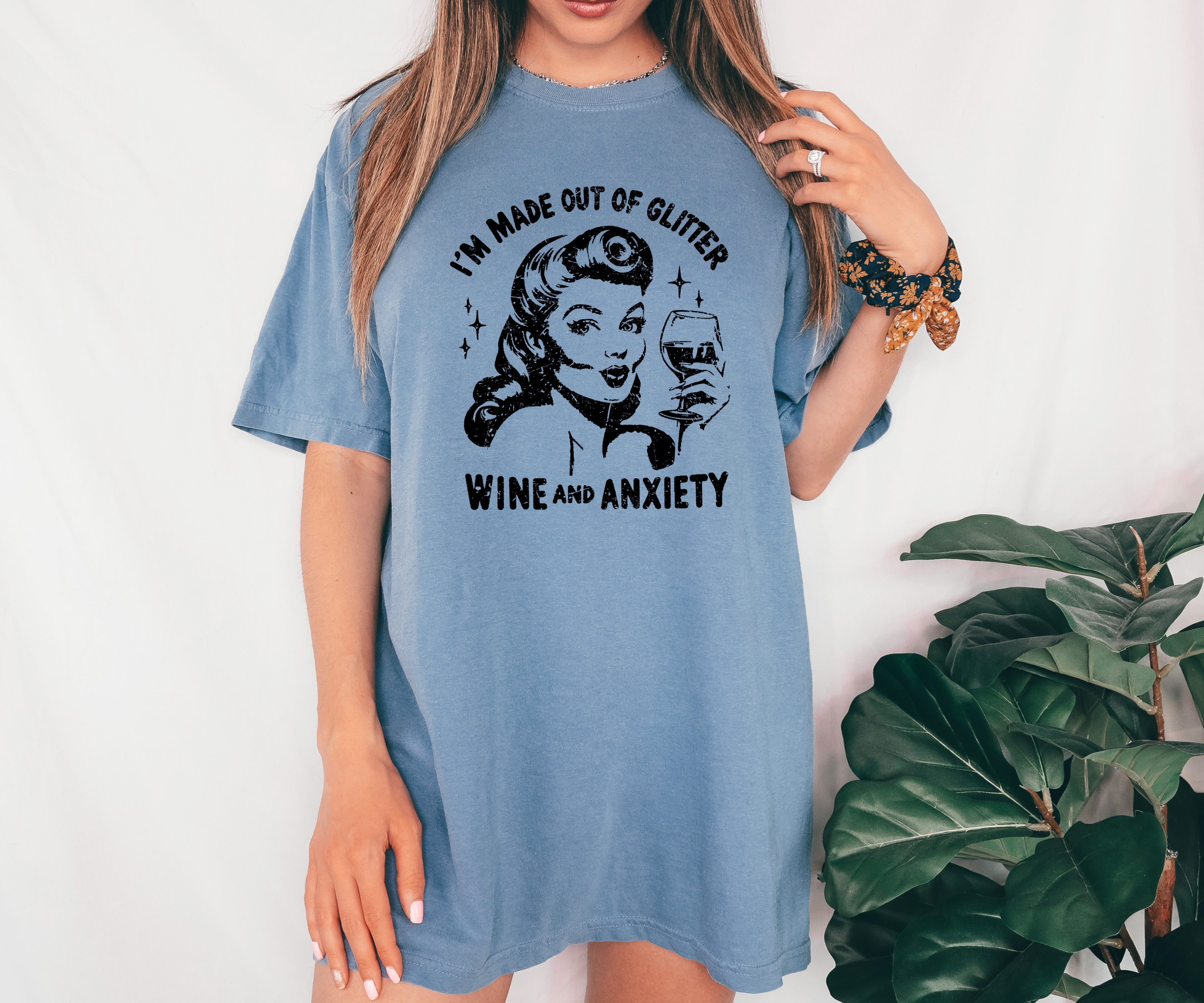 Glitter Wine Anxiety Mental Health Self Care Meme Relatable Humor Comfort Colors Tee