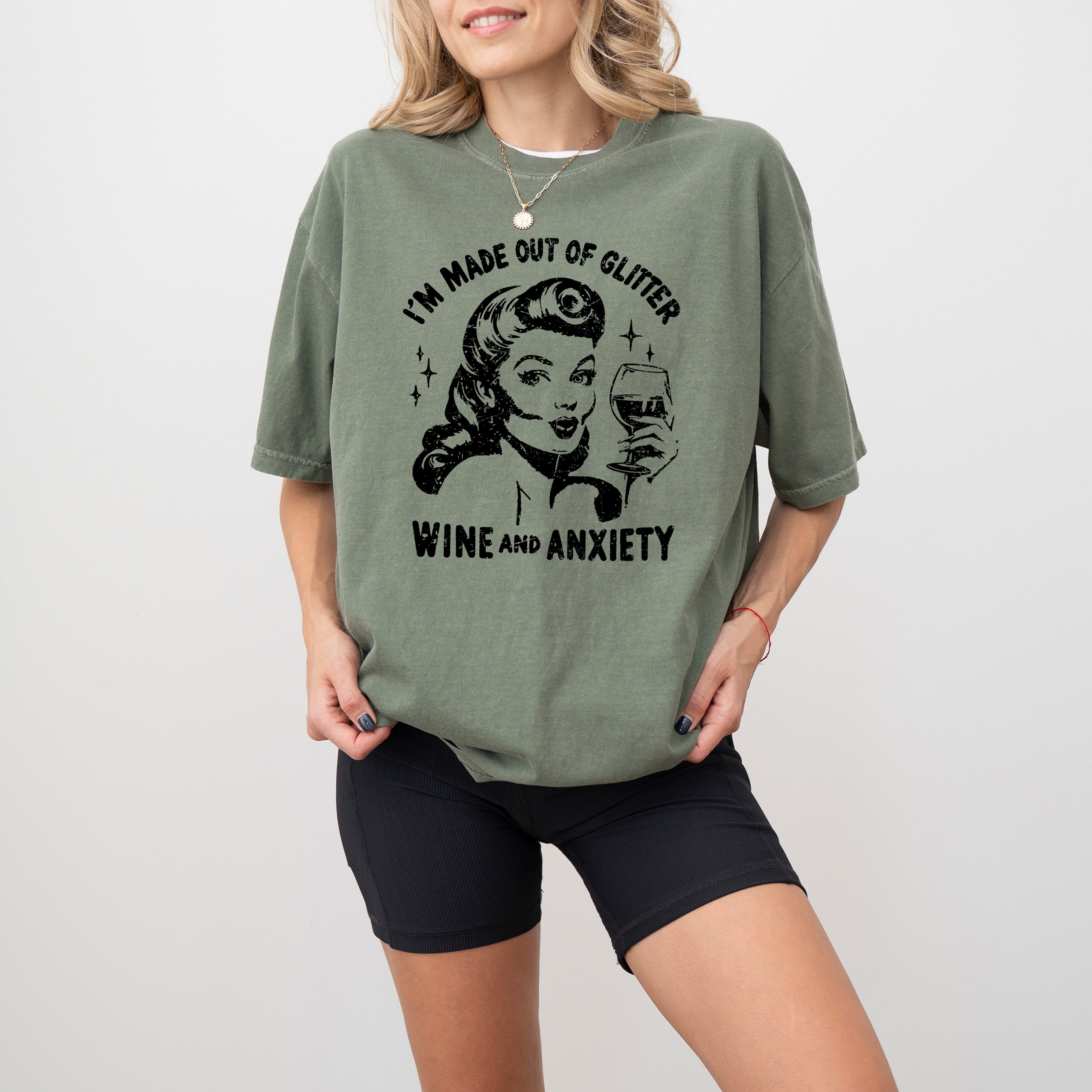 Glitter Wine Anxiety Mental Health Self Care Meme Relatable Humor Comfort Colors Tee