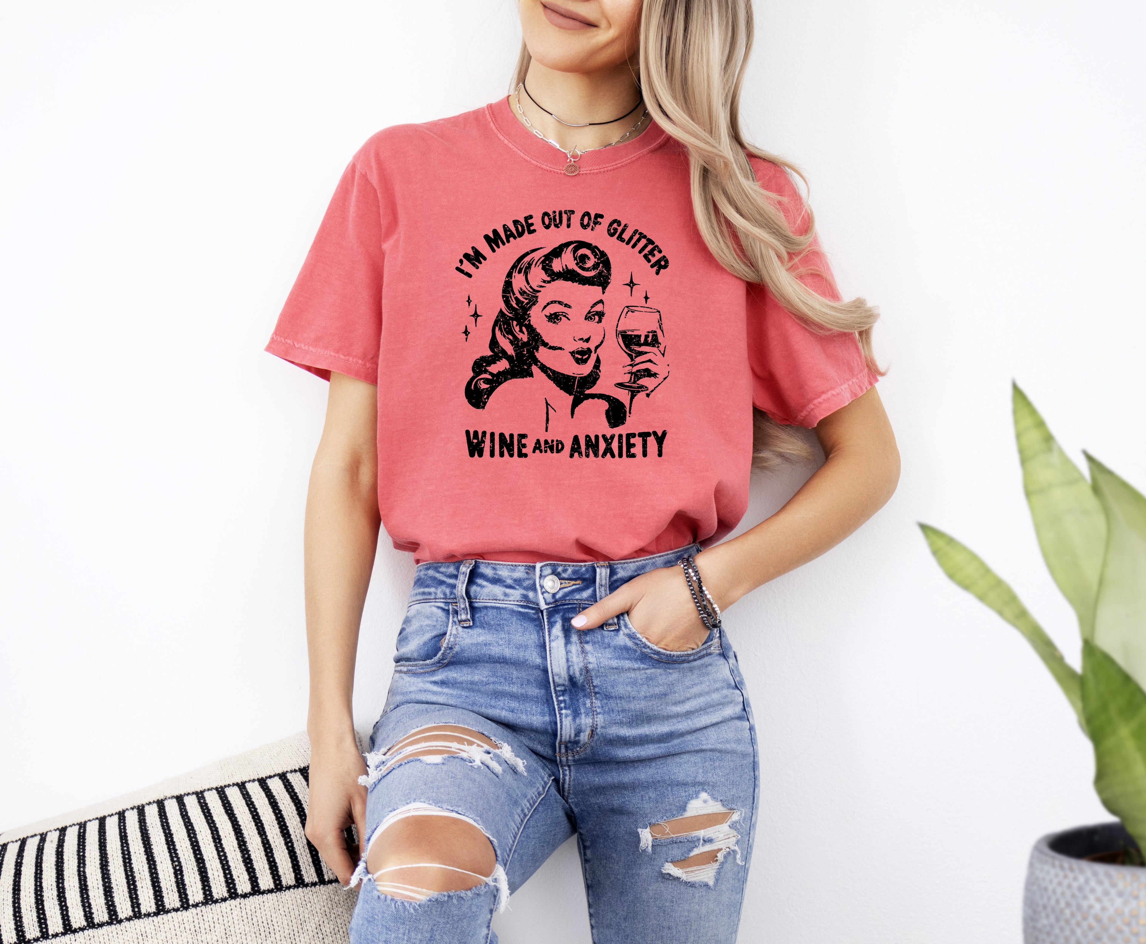 Glitter Wine Anxiety Mental Health Self Care Meme Relatable Humor Comfort Colors Tee
