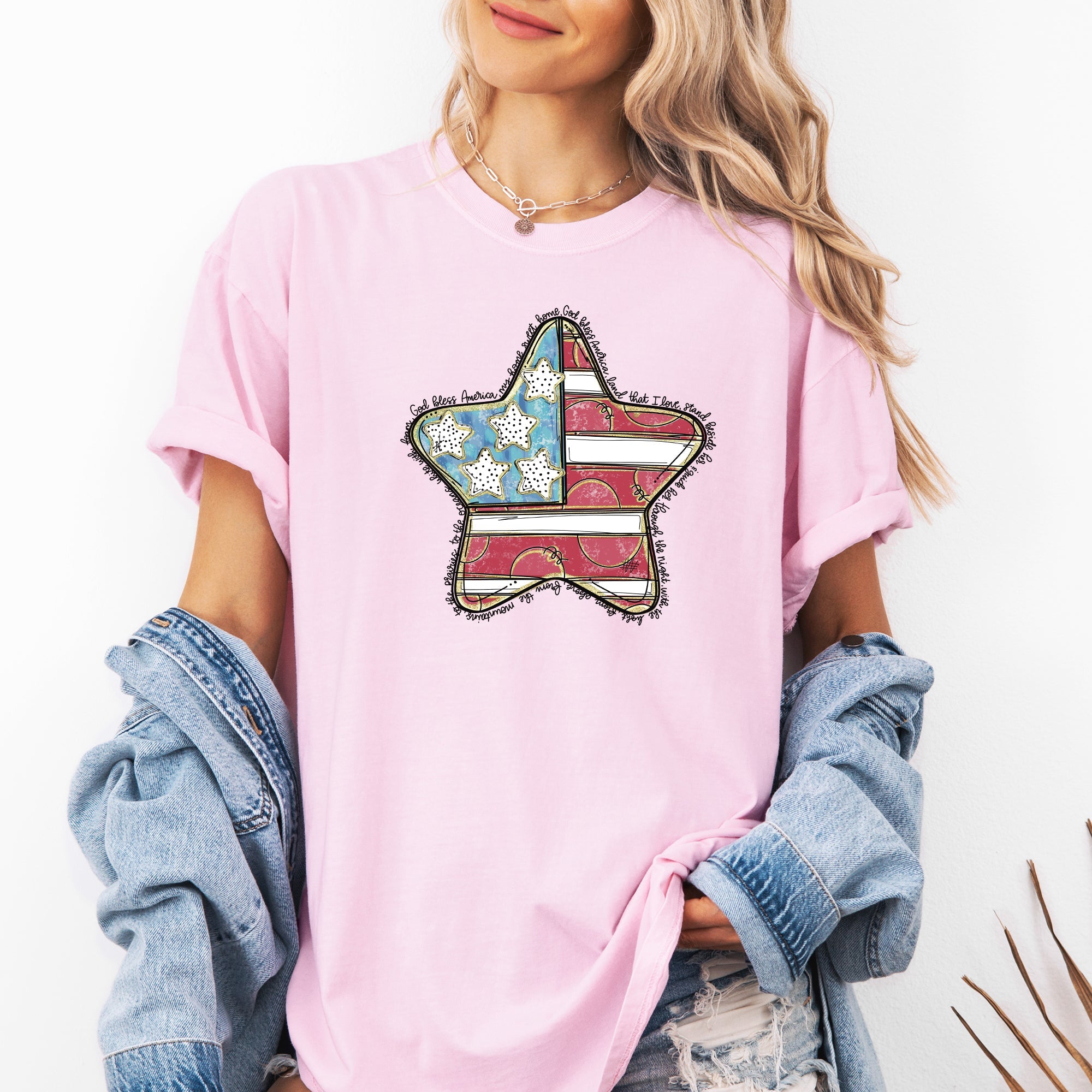 God Bless America Star Patriotic Flag USA 4th of July Vintage Style Comfort Colors Tee