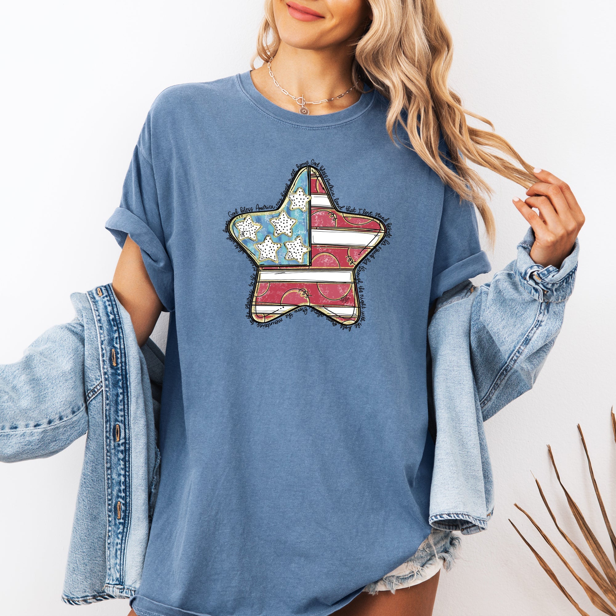 God Bless America Star Patriotic Flag USA 4th of July Vintage Style Comfort Colors Tee
