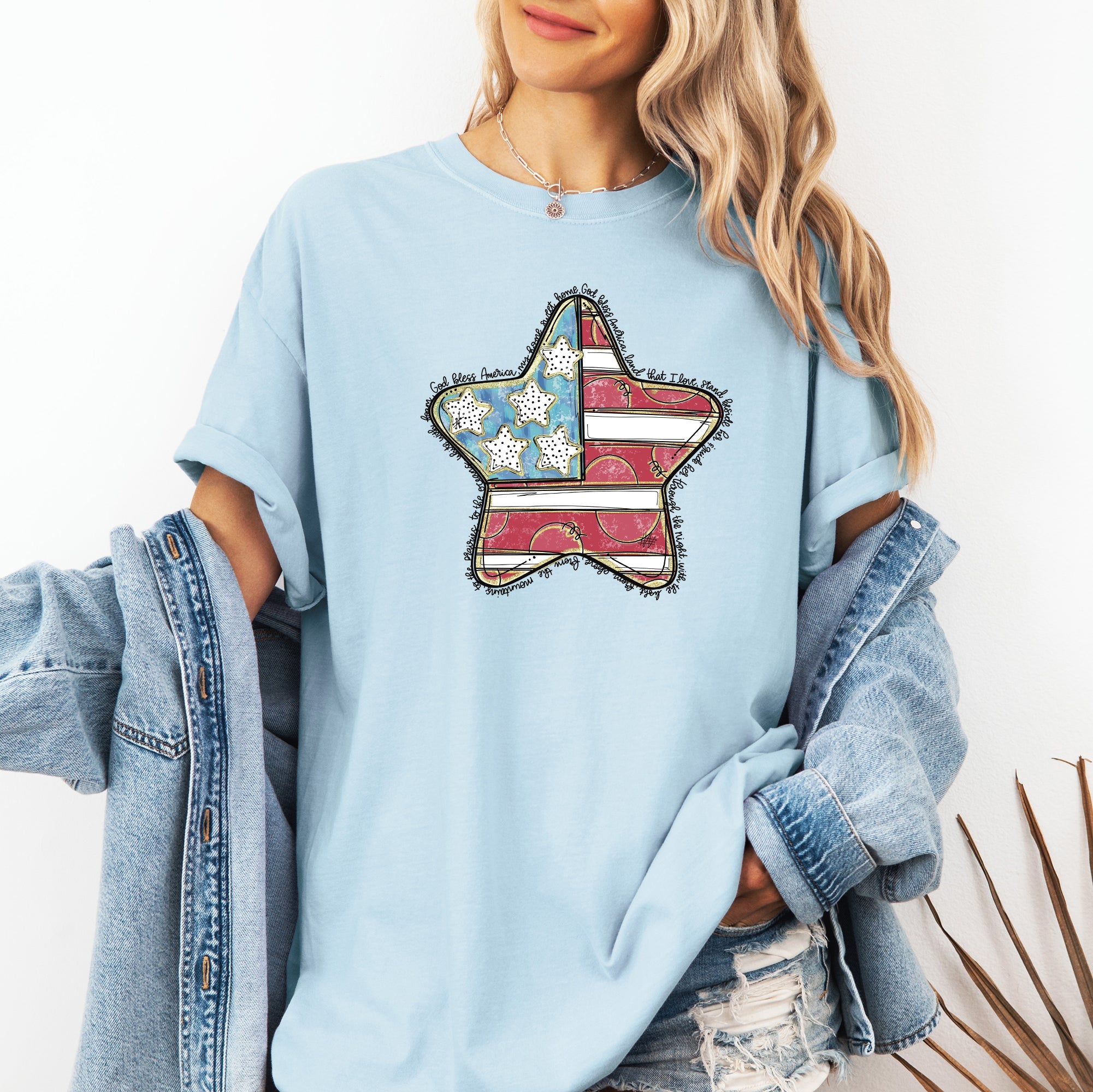 God Bless America Star Patriotic Flag USA 4th of July Vintage Style Comfort Colors Tee