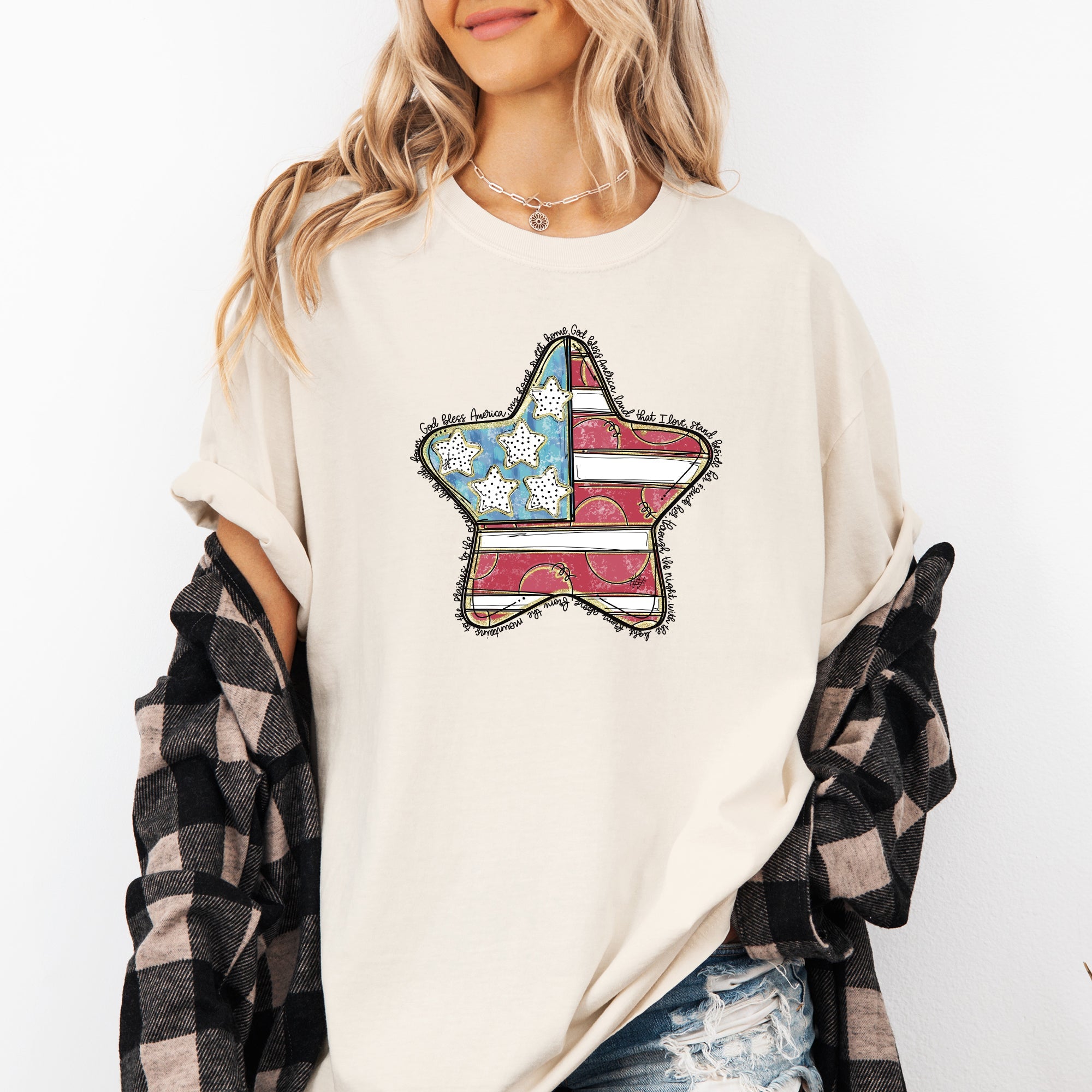 God Bless America Star Patriotic Flag USA 4th of July Vintage Style Comfort Colors Tee