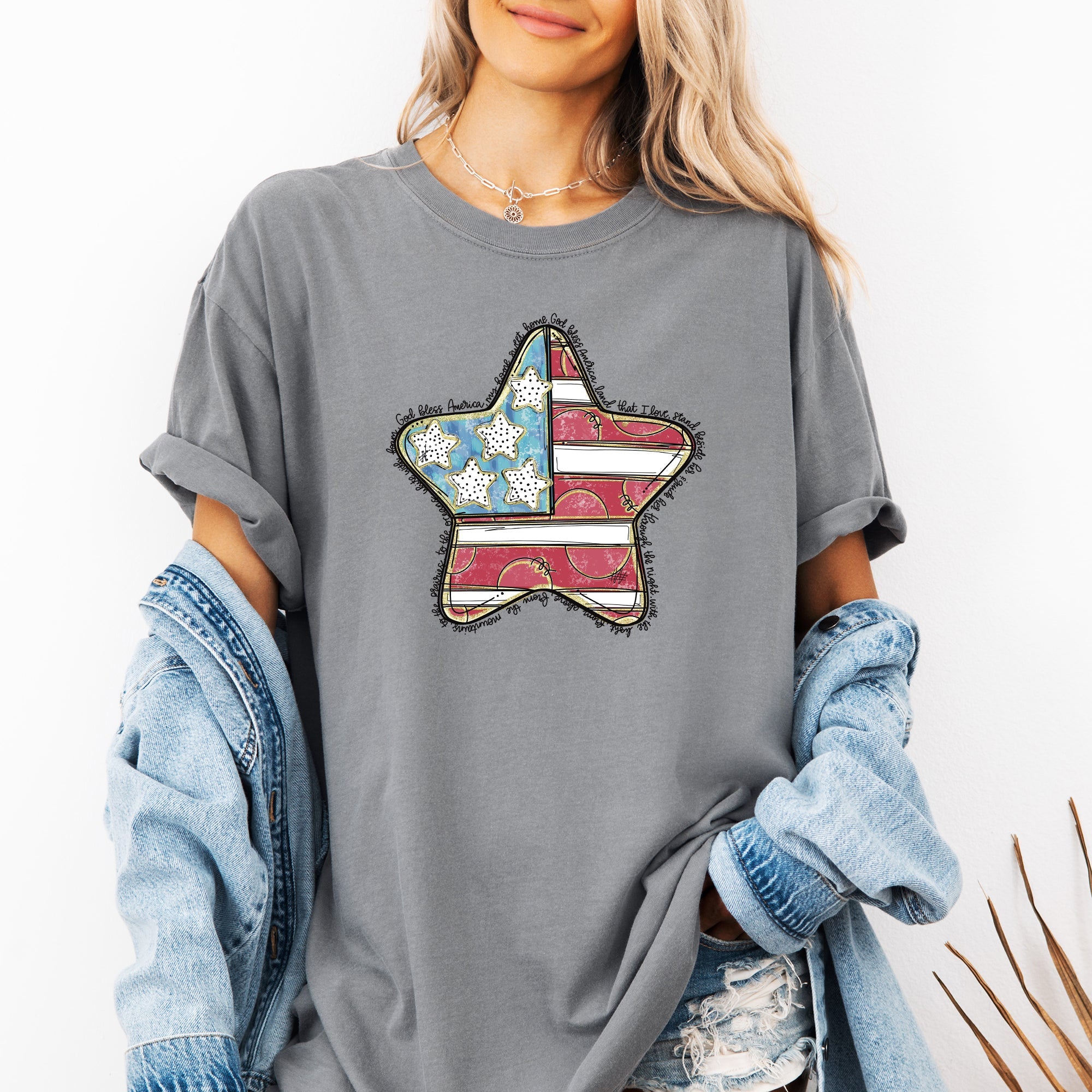 God Bless America Star Patriotic Flag USA 4th of July Vintage Style Comfort Colors Tee