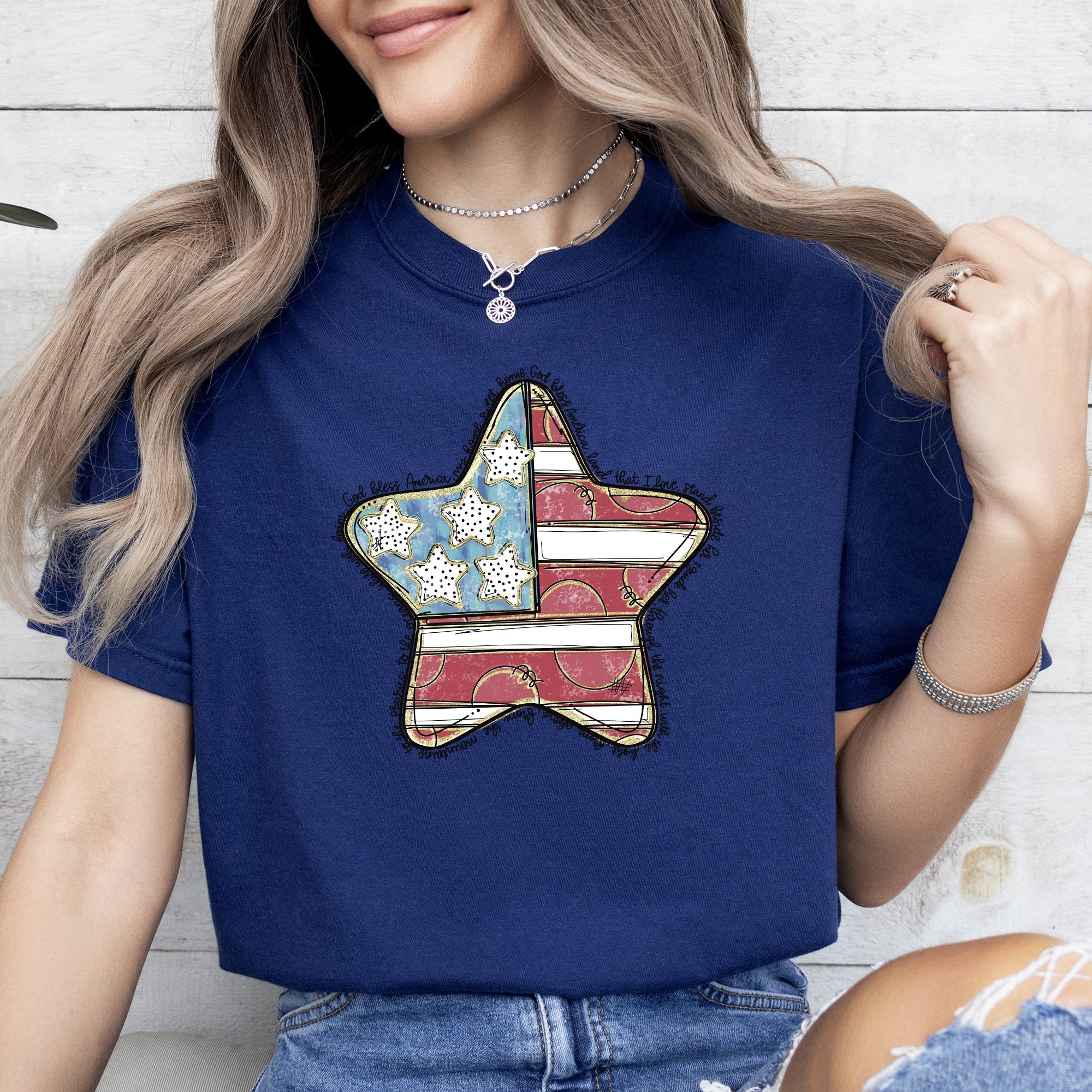 God Bless America Star Patriotic Flag USA 4th of July Vintage Style Comfort Colors Tee