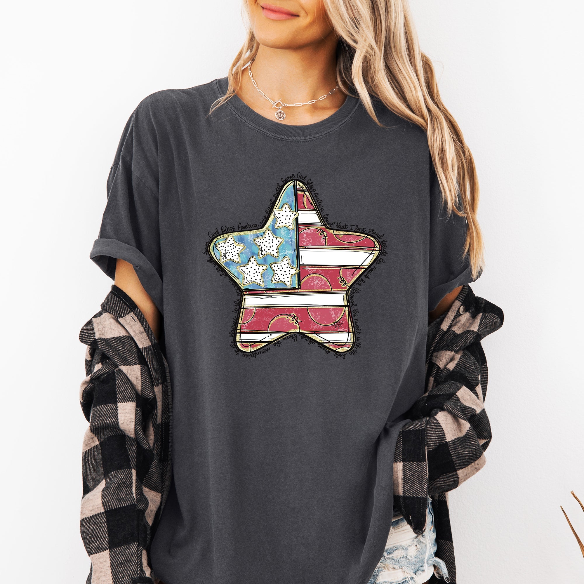 God Bless America Star Patriotic Flag USA 4th of July Vintage Style Comfort Colors Tee