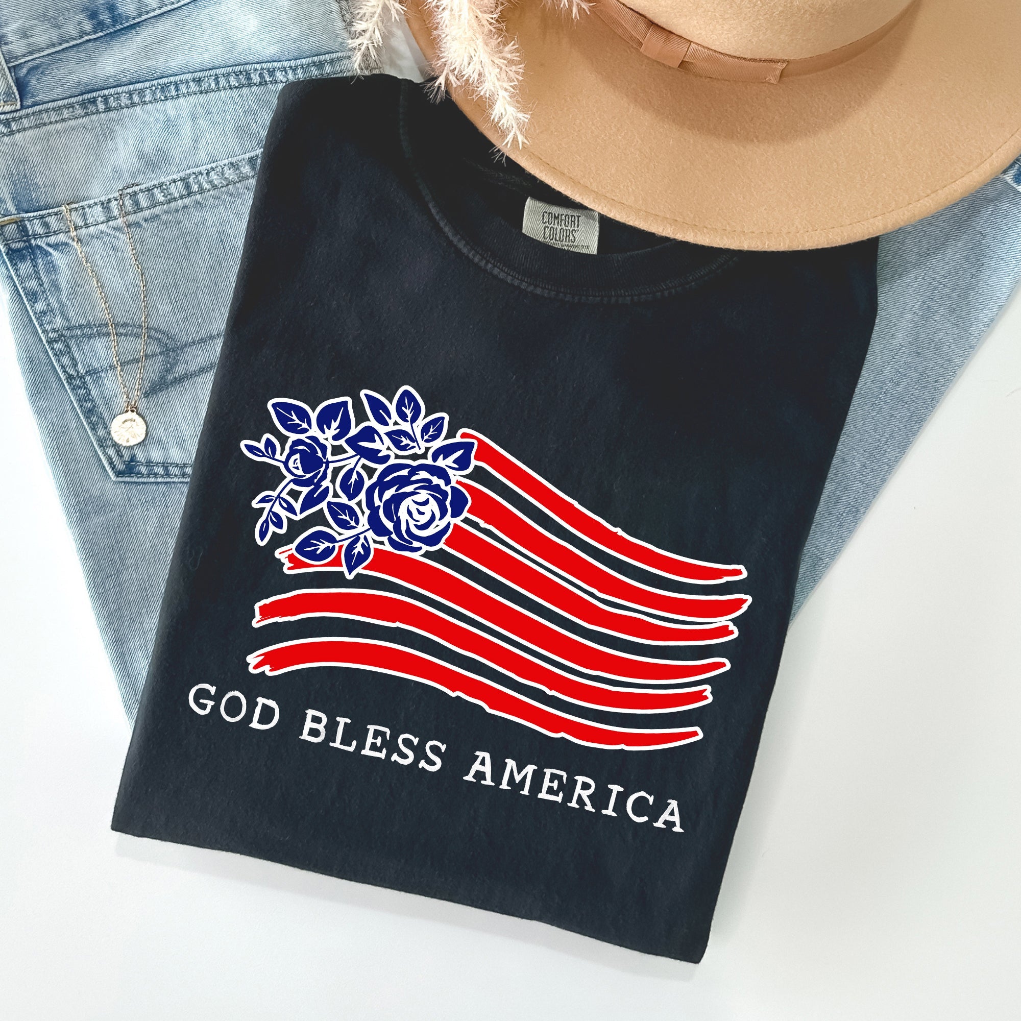 God Bless America Flower Flag Patriotic Design For Freedom And Country Pride Comfort Colors Tee
