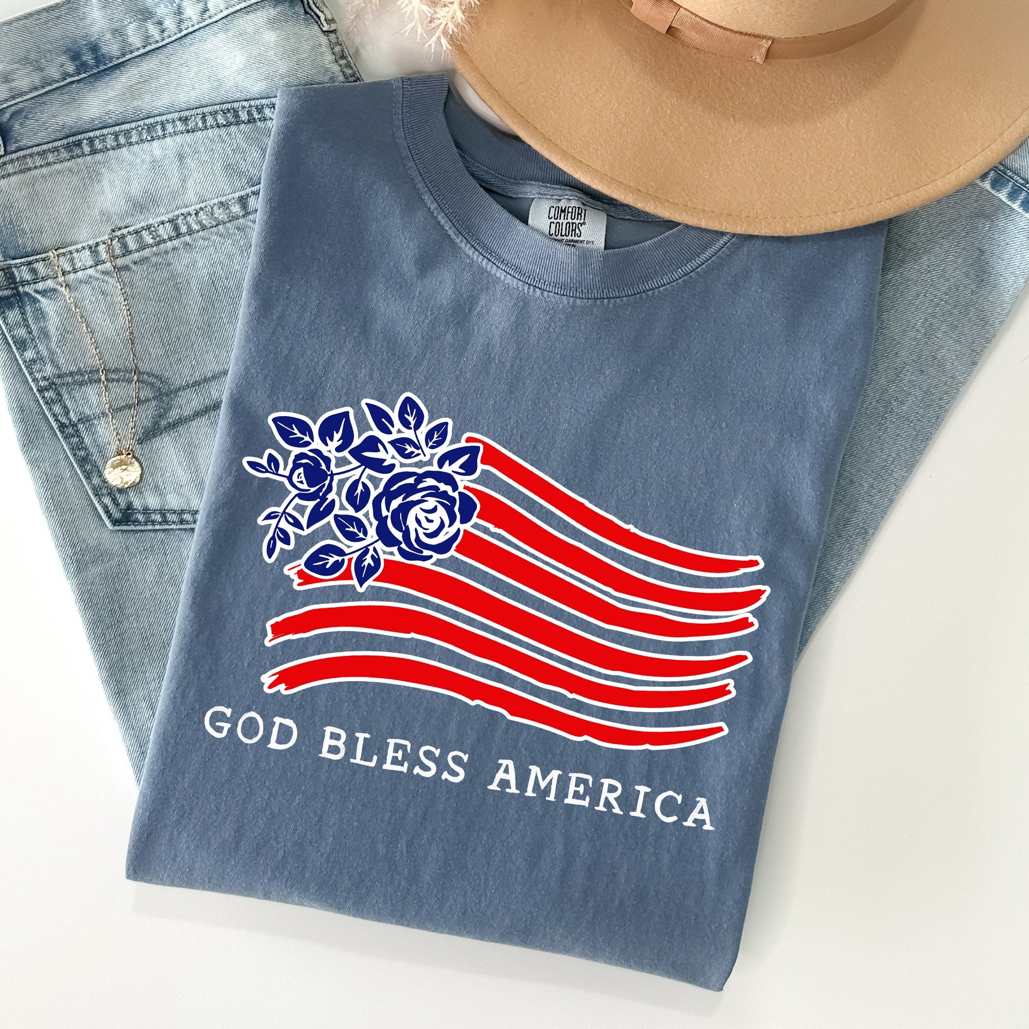 God Bless America Flower Flag Patriotic Design For Freedom And Country Pride Comfort Colors Tee