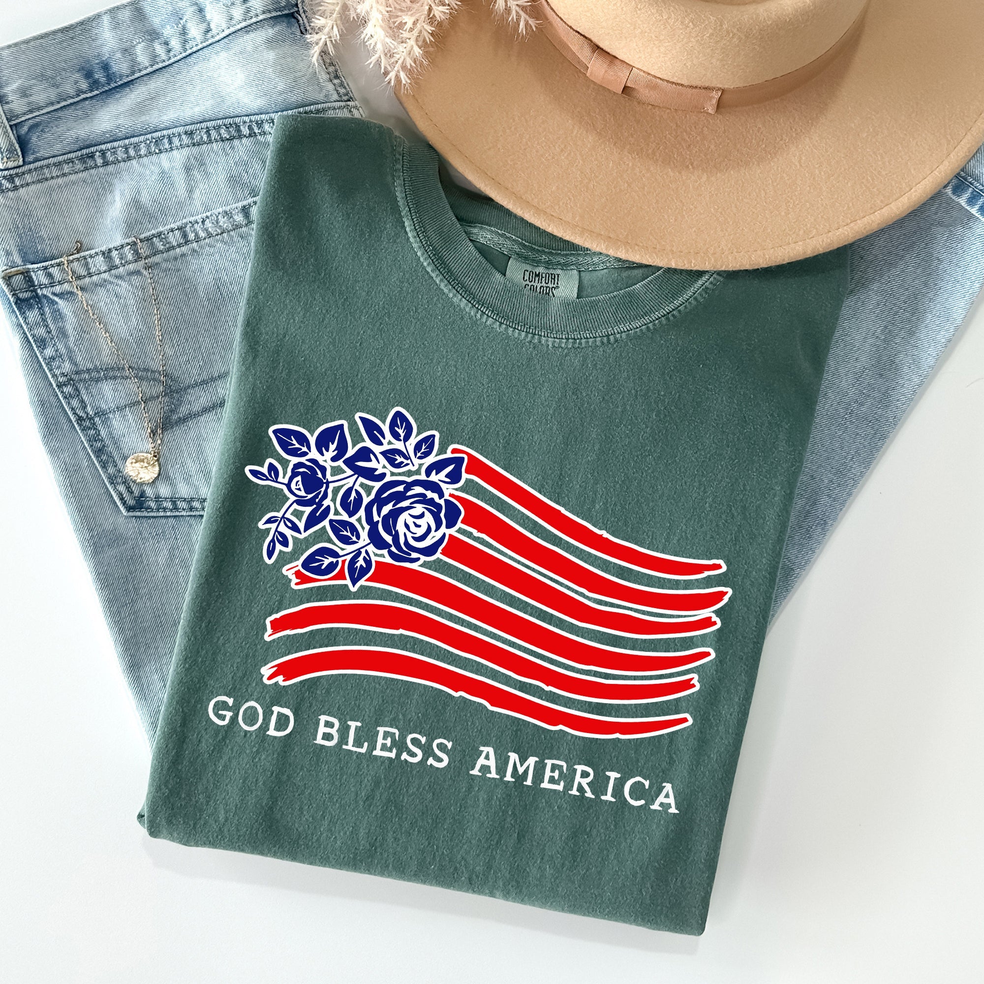 God Bless America Flower Flag Patriotic Design For Freedom And Country Pride Comfort Colors Tee