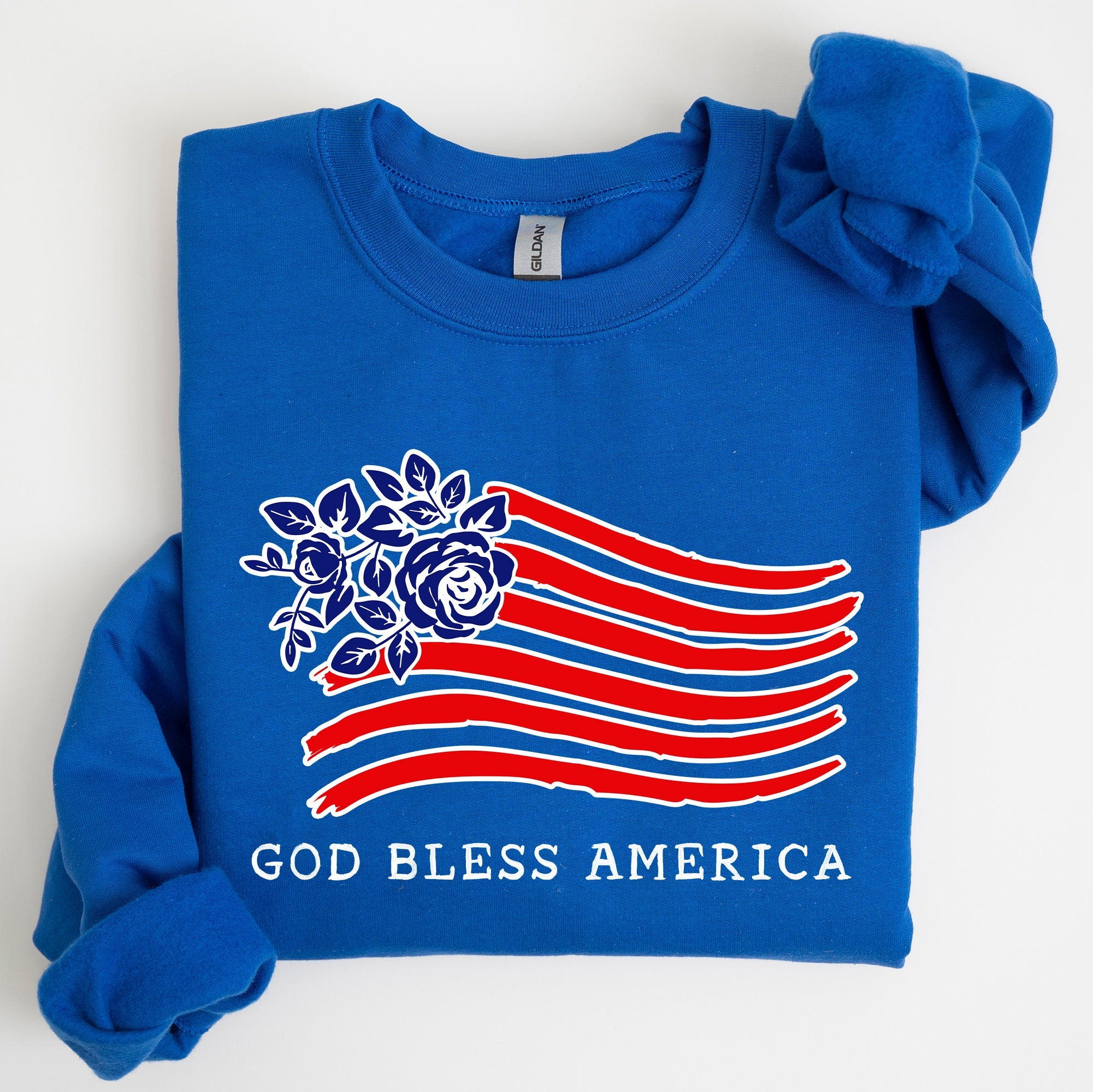 God Bless America Flower Flag 4th Of July Patriotic Floral Pattern Vintage Style Sweatshirt